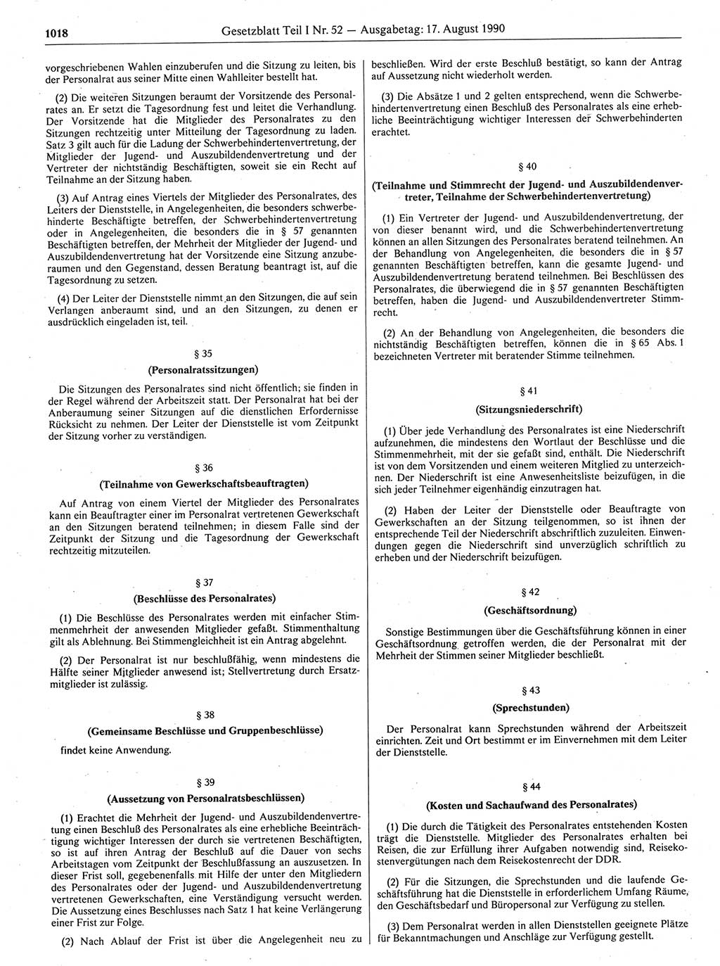 Gesetzblatt (GBl.) der Deutschen Demokratischen Republik (DDR) Teil Ⅰ 1990, Seite 1018 (GBl. DDR Ⅰ 1990, S. 1018)