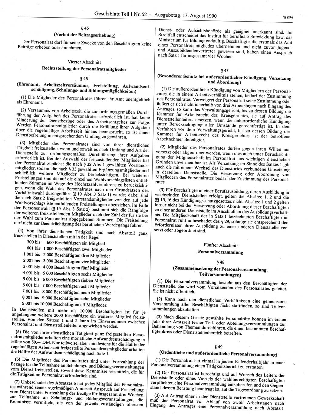 Gesetzblatt (GBl.) der Deutschen Demokratischen Republik (DDR) Teil Ⅰ 1990, Seite 1019 (GBl. DDR Ⅰ 1990, S. 1019)