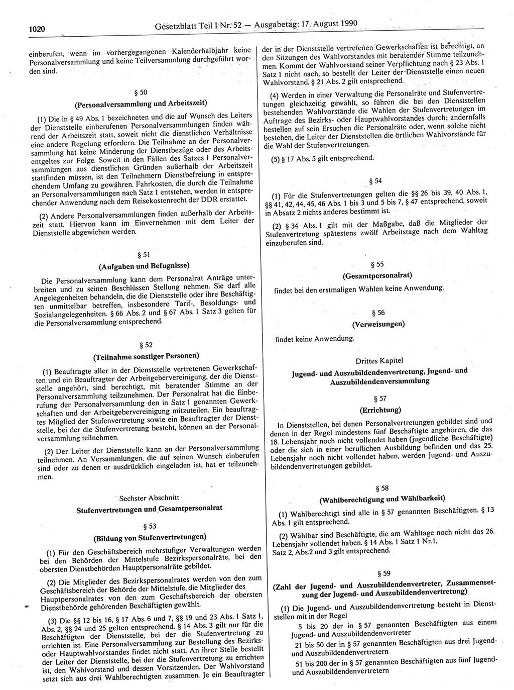 Gesetzblatt (GBl.) der Deutschen Demokratischen Republik (DDR) Teil Ⅰ 1990, Seite 1020 (GBl. DDR Ⅰ 1990, S. 1020)