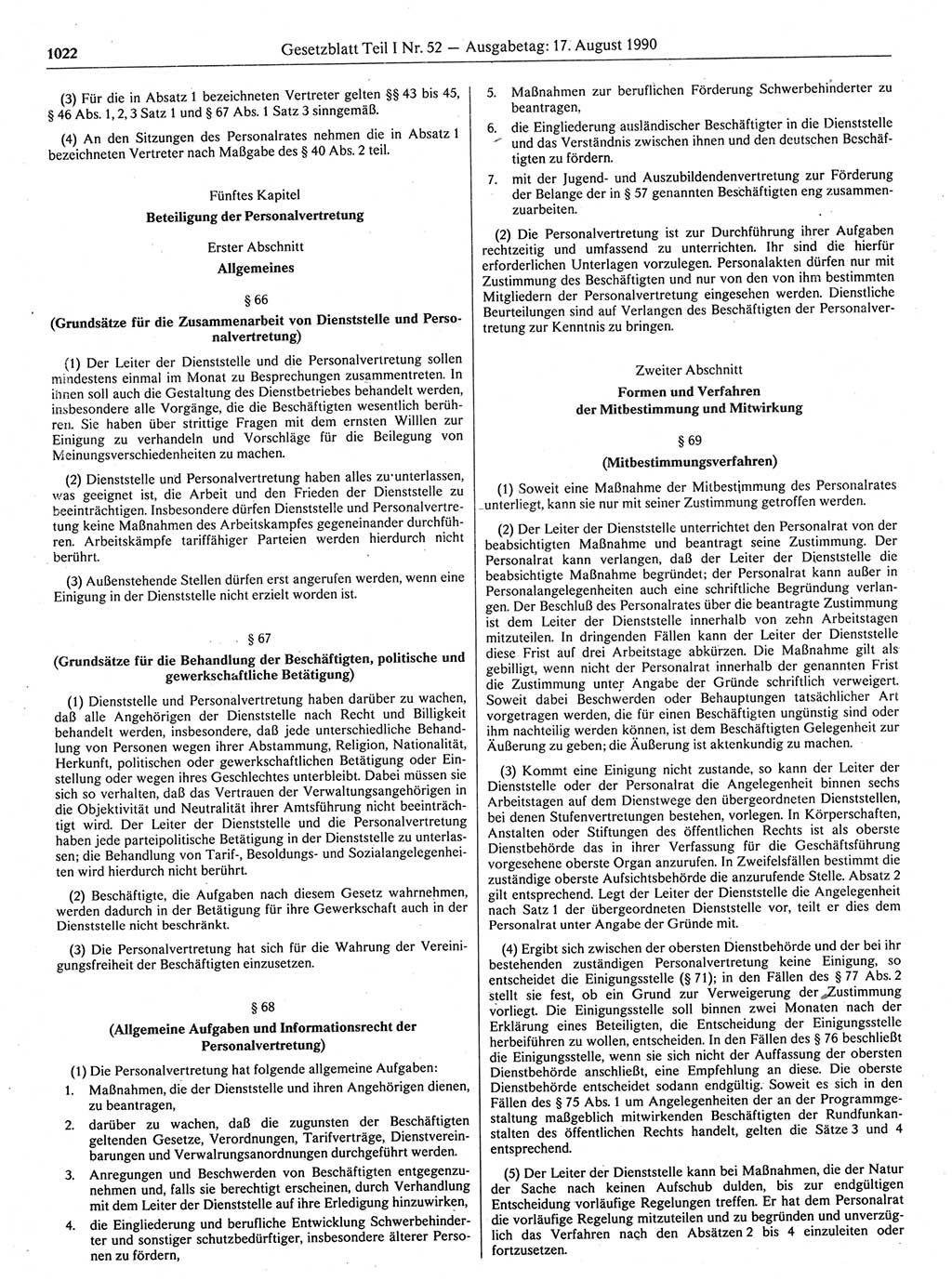Gesetzblatt (GBl.) der Deutschen Demokratischen Republik (DDR) Teil Ⅰ 1990, Seite 1022 (GBl. DDR Ⅰ 1990, S. 1022)