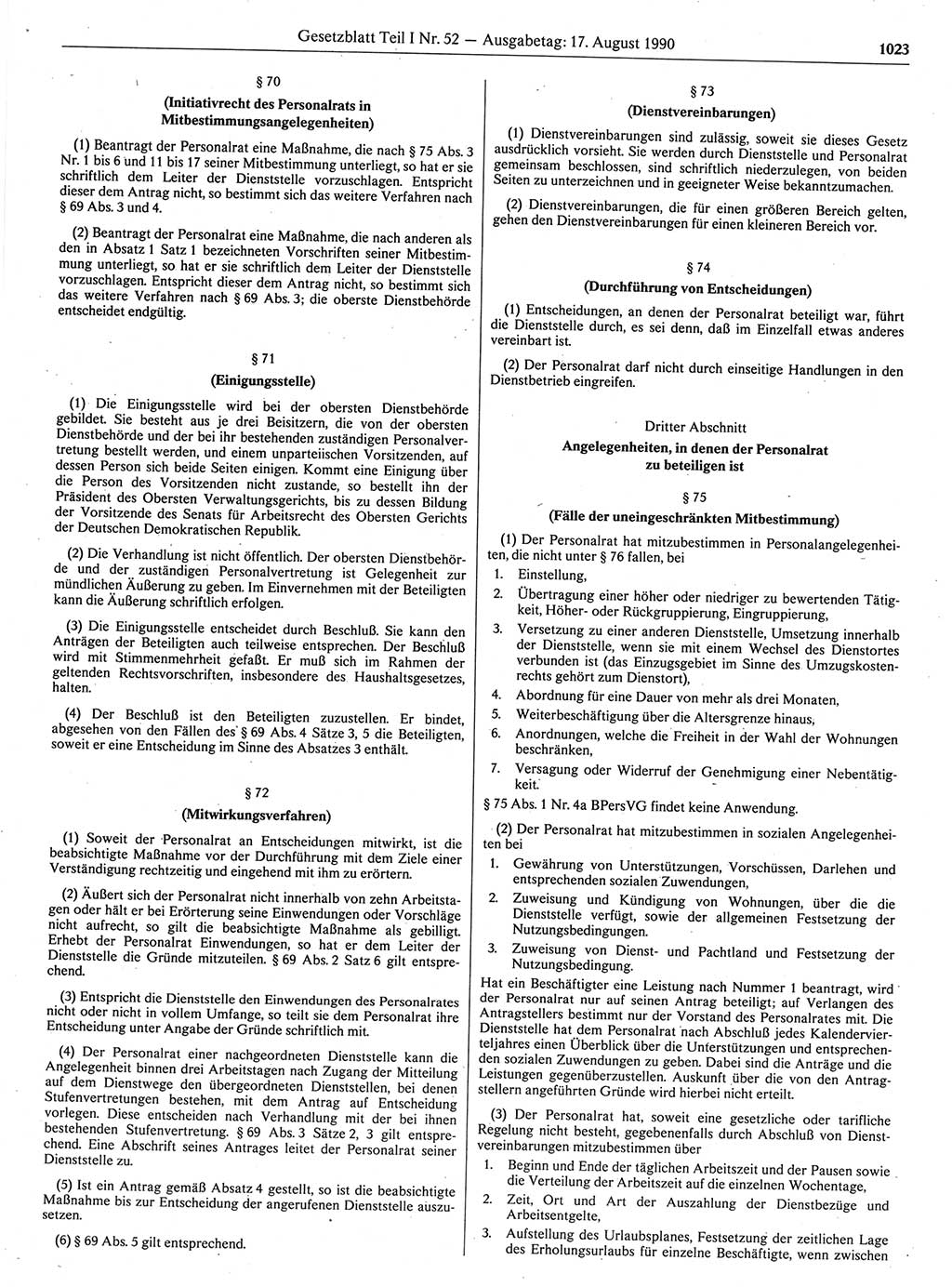 Gesetzblatt (GBl.) der Deutschen Demokratischen Republik (DDR) Teil Ⅰ 1990, Seite 1023 (GBl. DDR Ⅰ 1990, S. 1023)