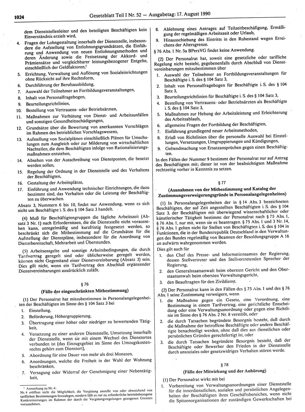 Gesetzblatt (GBl.) der Deutschen Demokratischen Republik (DDR) Teil Ⅰ 1990, Seite 1024 (GBl. DDR Ⅰ 1990, S. 1024)