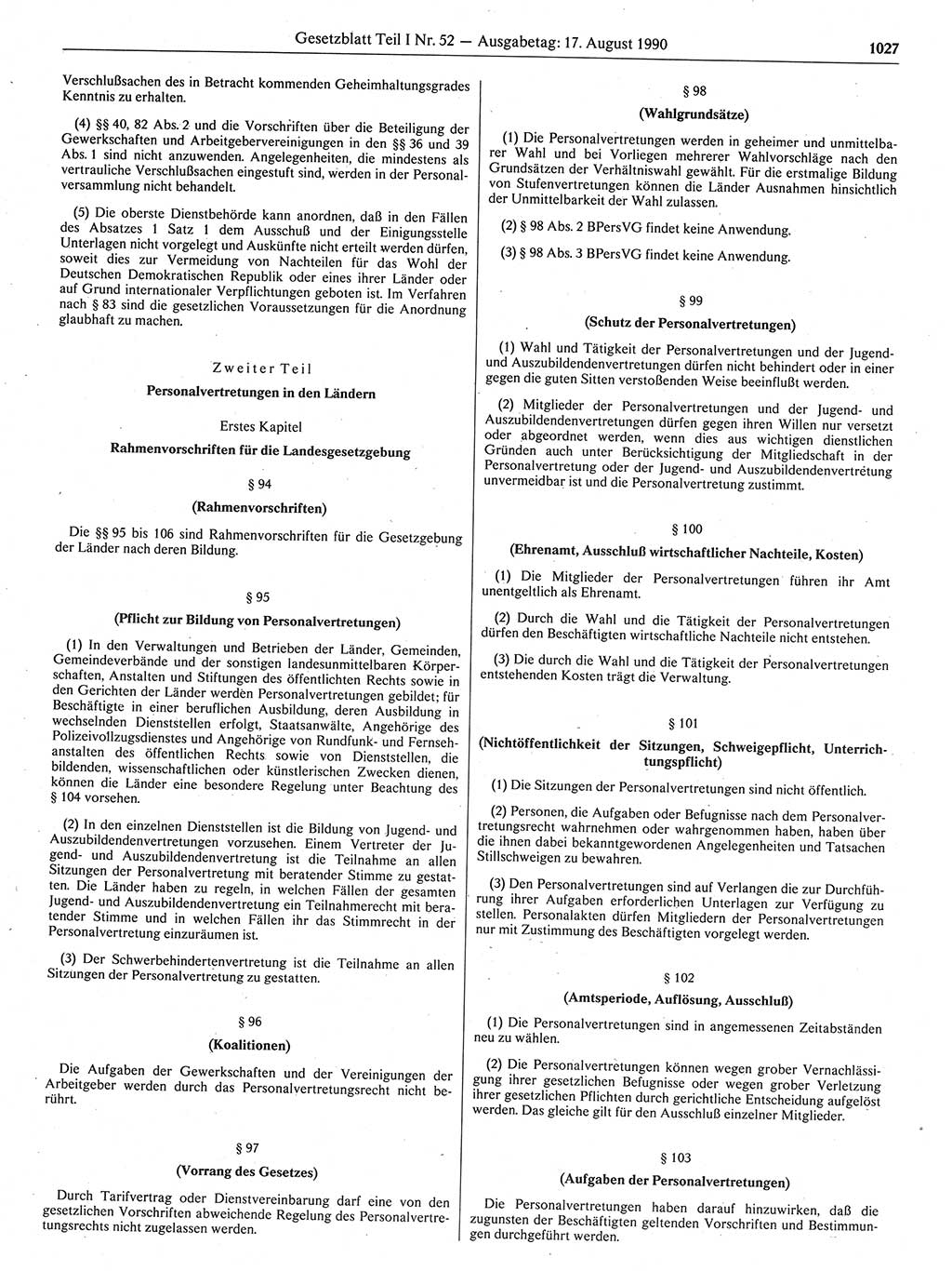 Gesetzblatt (GBl.) der Deutschen Demokratischen Republik (DDR) Teil Ⅰ 1990, Seite 1027 (GBl. DDR Ⅰ 1990, S. 1027)