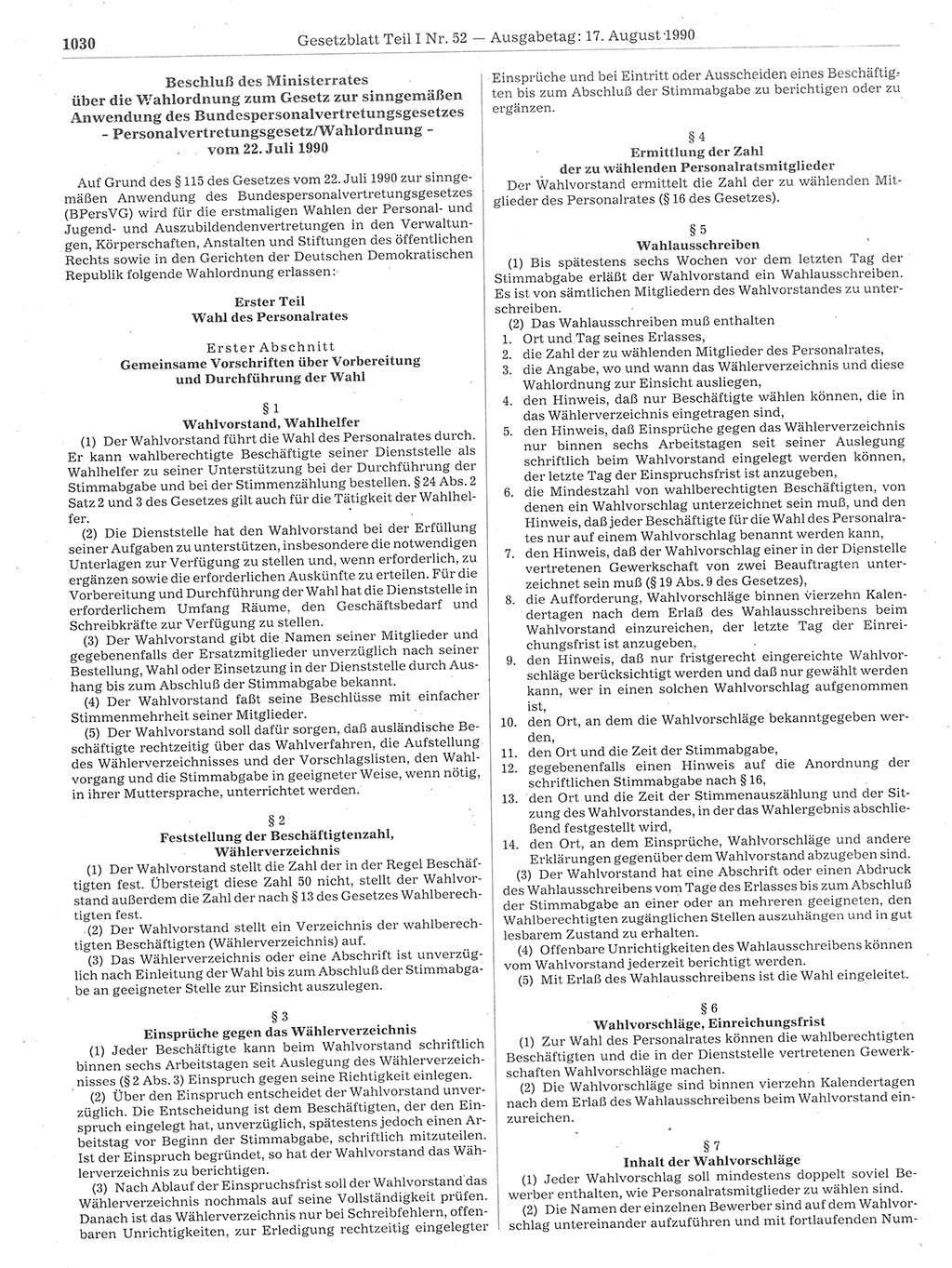 Gesetzblatt (GBl.) der Deutschen Demokratischen Republik (DDR) Teil Ⅰ 1990, Seite 1030 (GBl. DDR Ⅰ 1990, S. 1030)
