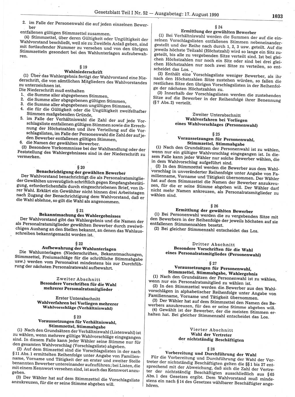 Gesetzblatt (GBl.) der Deutschen Demokratischen Republik (DDR) Teil Ⅰ 1990, Seite 1033 (GBl. DDR Ⅰ 1990, S. 1033)