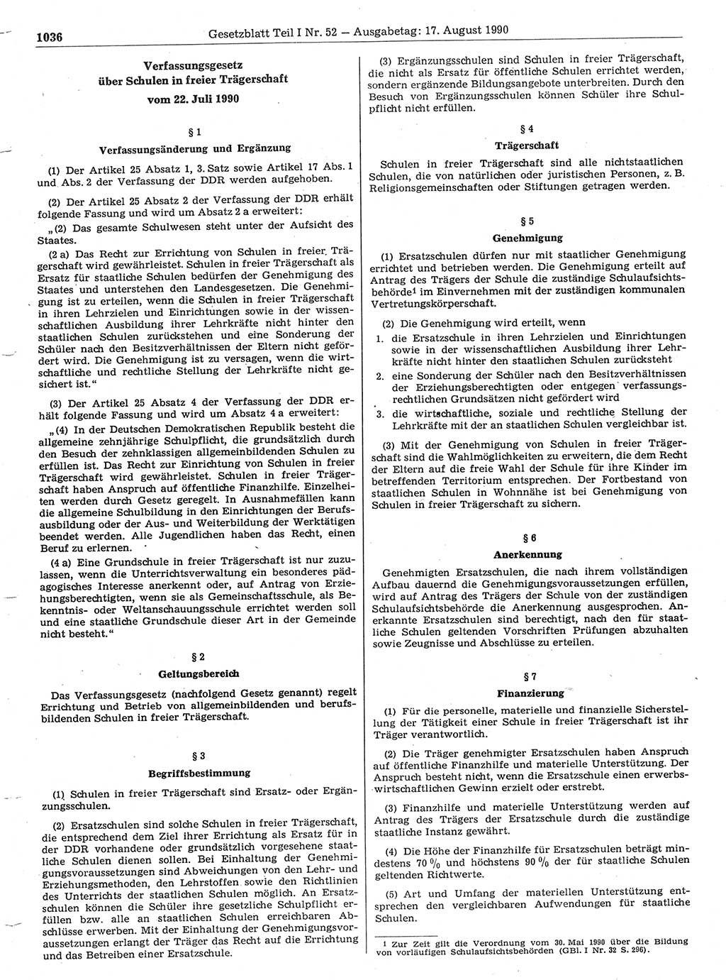 Gesetzblatt (GBl.) der Deutschen Demokratischen Republik (DDR) Teil Ⅰ 1990, Seite 1036 (GBl. DDR Ⅰ 1990, S. 1036)