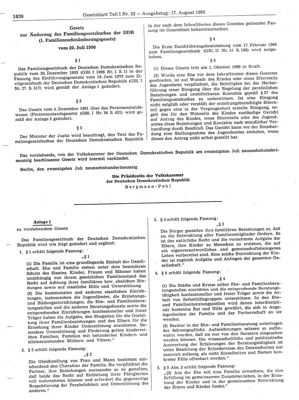 Gesetzblatt (GBl.) der Deutschen Demokratischen Republik (DDR) Teil Ⅰ 1990, Seite 1038 (GBl. DDR Ⅰ 1990, S. 1038)
