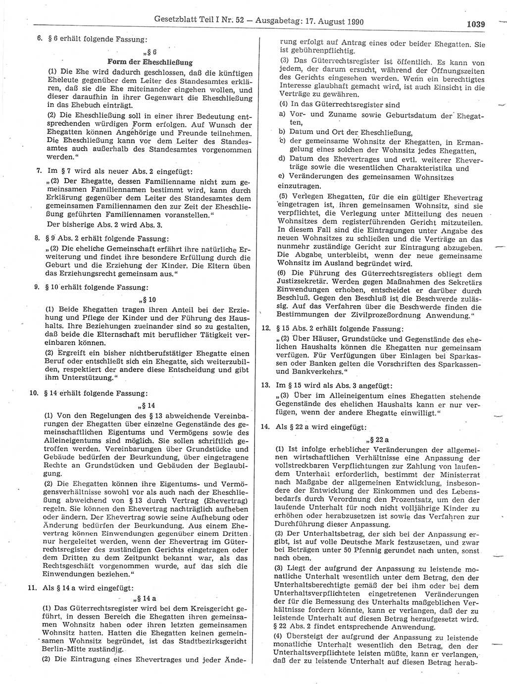 Gesetzblatt (GBl.) der Deutschen Demokratischen Republik (DDR) Teil Ⅰ 1990, Seite 1039 (GBl. DDR Ⅰ 1990, S. 1039)
