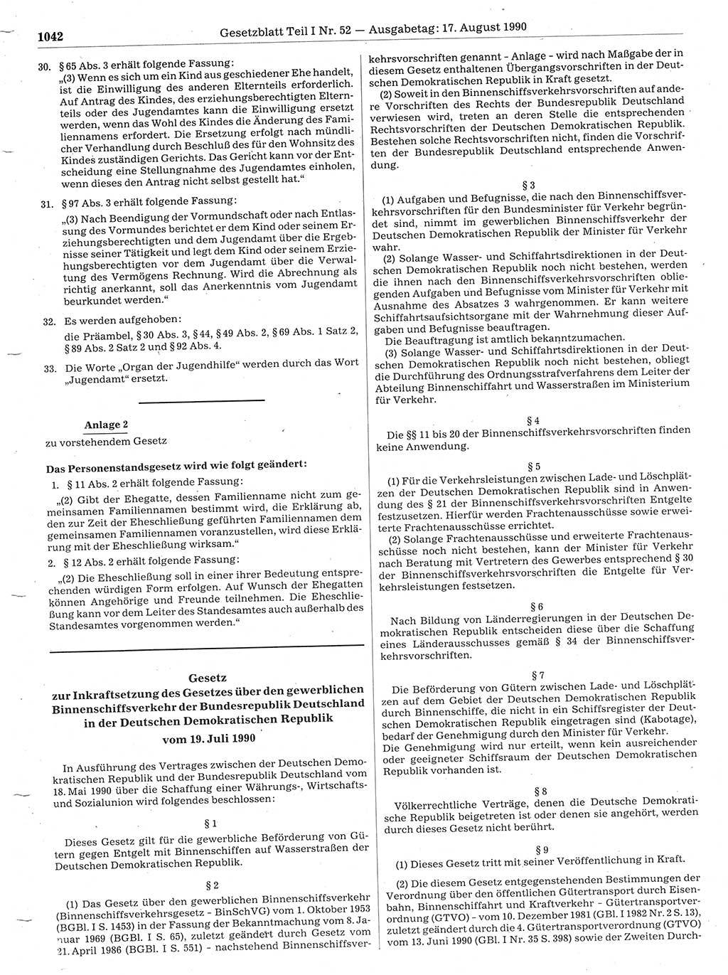 Gesetzblatt (GBl.) der Deutschen Demokratischen Republik (DDR) Teil Ⅰ 1990, Seite 1042 (GBl. DDR Ⅰ 1990, S. 1042)