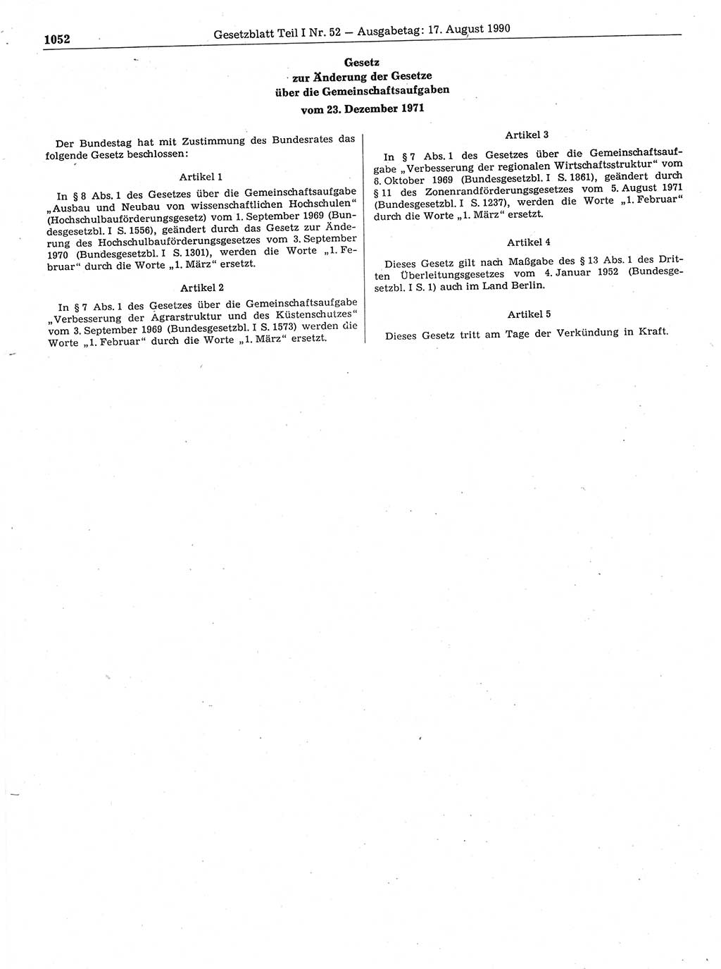 Gesetzblatt (GBl.) der Deutschen Demokratischen Republik (DDR) Teil Ⅰ 1990, Seite 1052 (GBl. DDR Ⅰ 1990, S. 1052)
