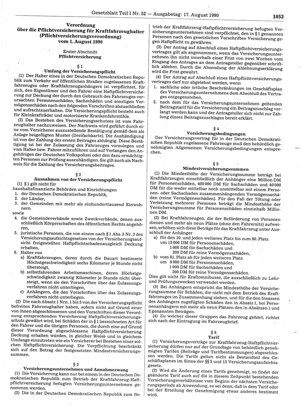 Gesetzblatt (GBl.) der Deutschen Demokratischen Republik (DDR) Teil Ⅰ 1990, Seite 1053 (GBl. DDR Ⅰ 1990, S. 1053)