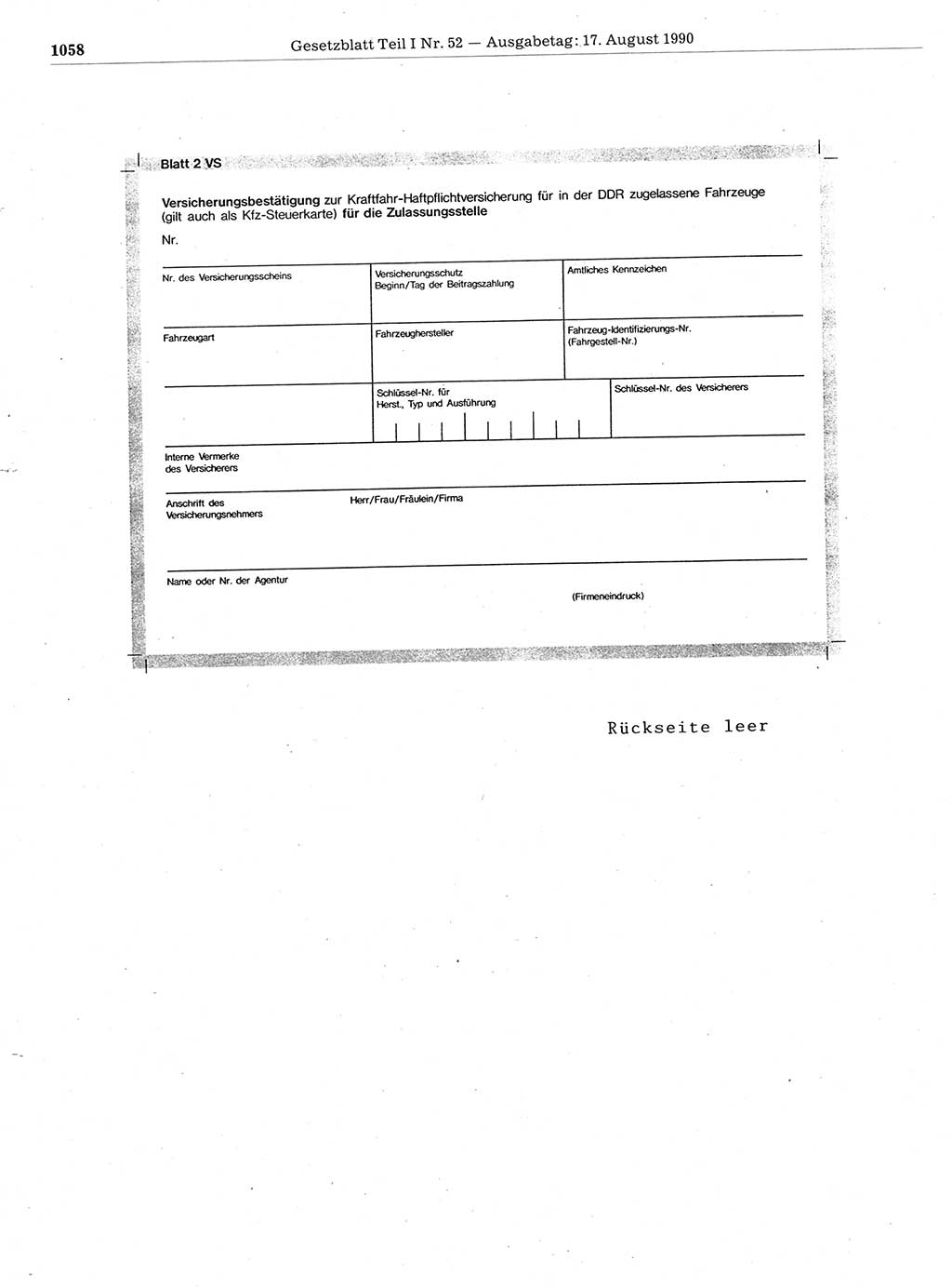Gesetzblatt (GBl.) der Deutschen Demokratischen Republik (DDR) Teil Ⅰ 1990, Seite 1058 (GBl. DDR Ⅰ 1990, S. 1058)