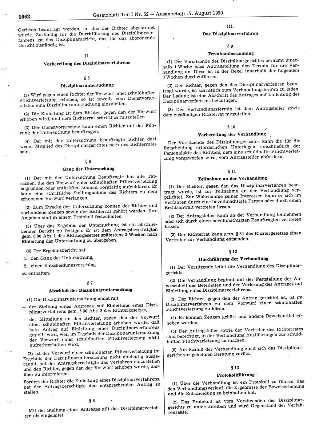 Gesetzblatt (GBl.) der Deutschen Demokratischen Republik (DDR) Teil Ⅰ 1990, Seite 1062 (GBl. DDR Ⅰ 1990, S. 1062)