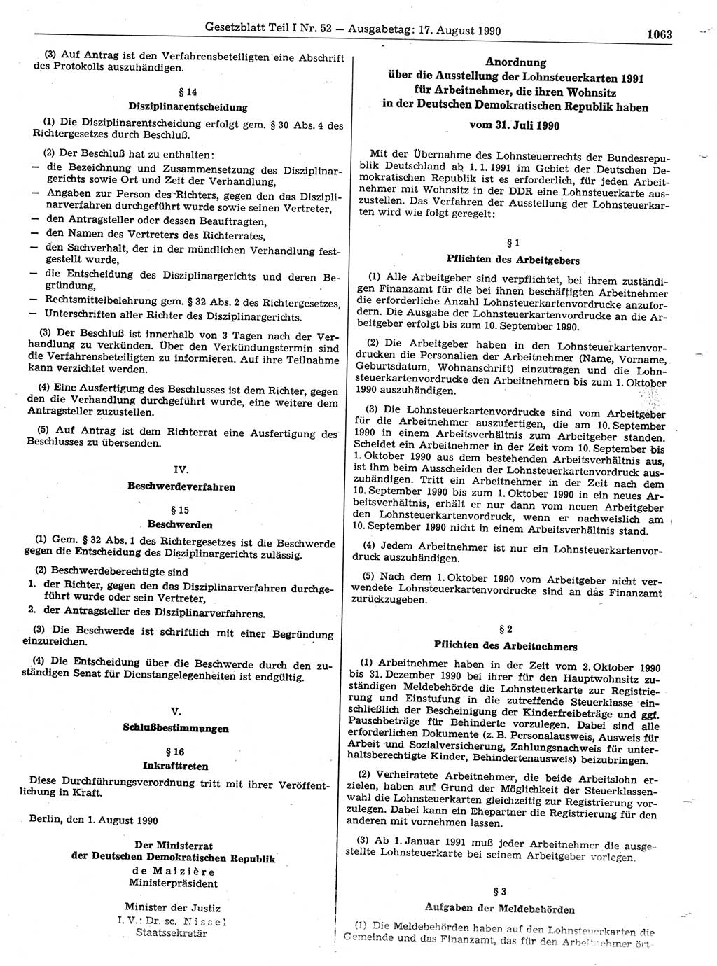 Gesetzblatt (GBl.) der Deutschen Demokratischen Republik (DDR) Teil Ⅰ 1990, Seite 1063 (GBl. DDR Ⅰ 1990, S. 1063)