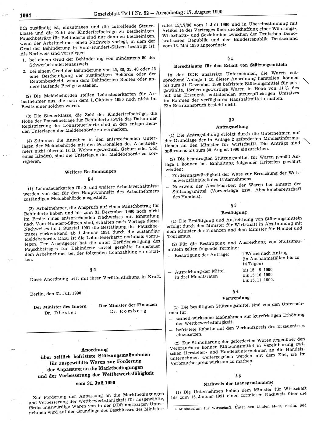 Gesetzblatt (GBl.) der Deutschen Demokratischen Republik (DDR) Teil Ⅰ 1990, Seite 1064 (GBl. DDR Ⅰ 1990, S. 1064)