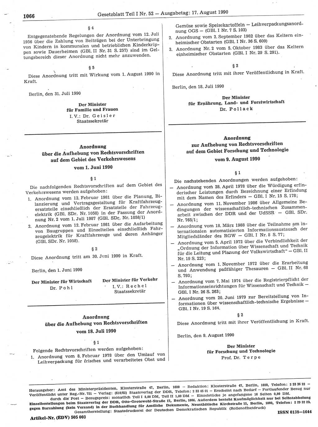 Gesetzblatt (GBl.) der Deutschen Demokratischen Republik (DDR) Teil Ⅰ 1990, Seite 1066 (GBl. DDR Ⅰ 1990, S. 1066)