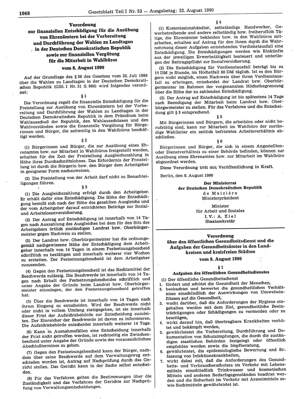 Gesetzblatt (GBl.) der Deutschen Demokratischen Republik (DDR) Teil Ⅰ 1990, Seite 1068 (GBl. DDR Ⅰ 1990, S. 1068)