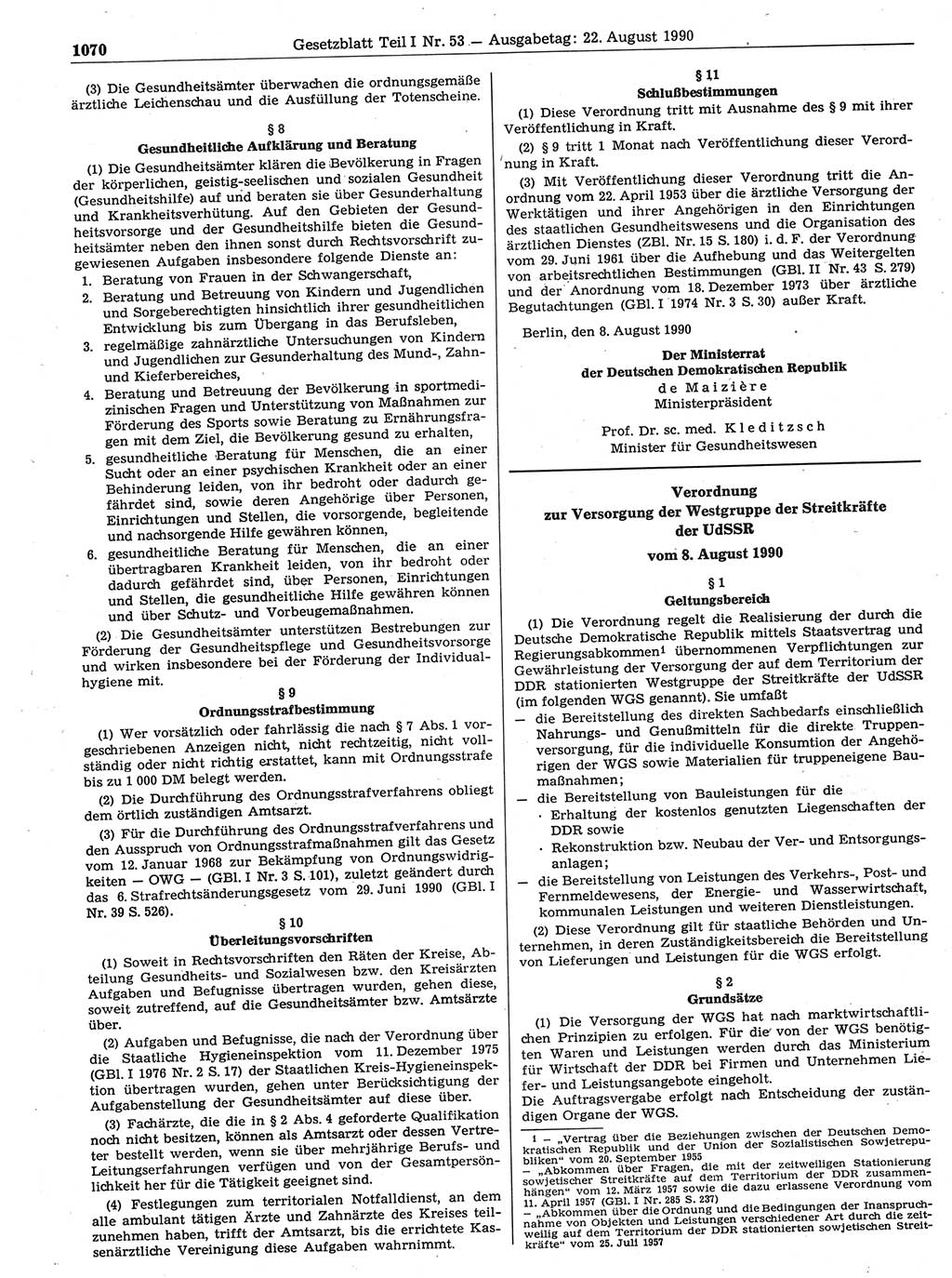 Gesetzblatt (GBl.) der Deutschen Demokratischen Republik (DDR) Teil Ⅰ 1990, Seite 1070 (GBl. DDR Ⅰ 1990, S. 1070)