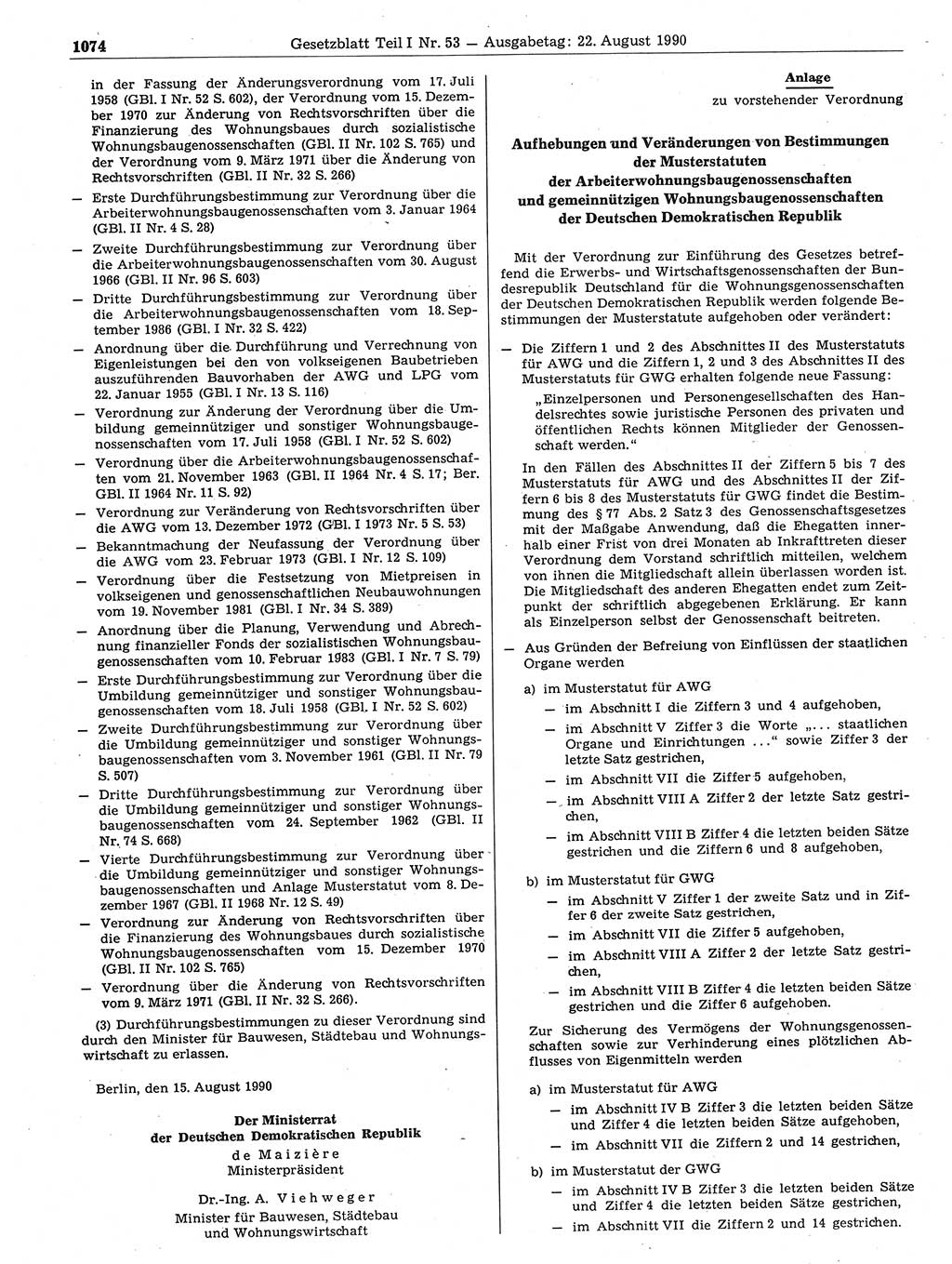 Gesetzblatt (GBl.) der Deutschen Demokratischen Republik (DDR) Teil Ⅰ 1990, Seite 1074 (GBl. DDR Ⅰ 1990, S. 1074)