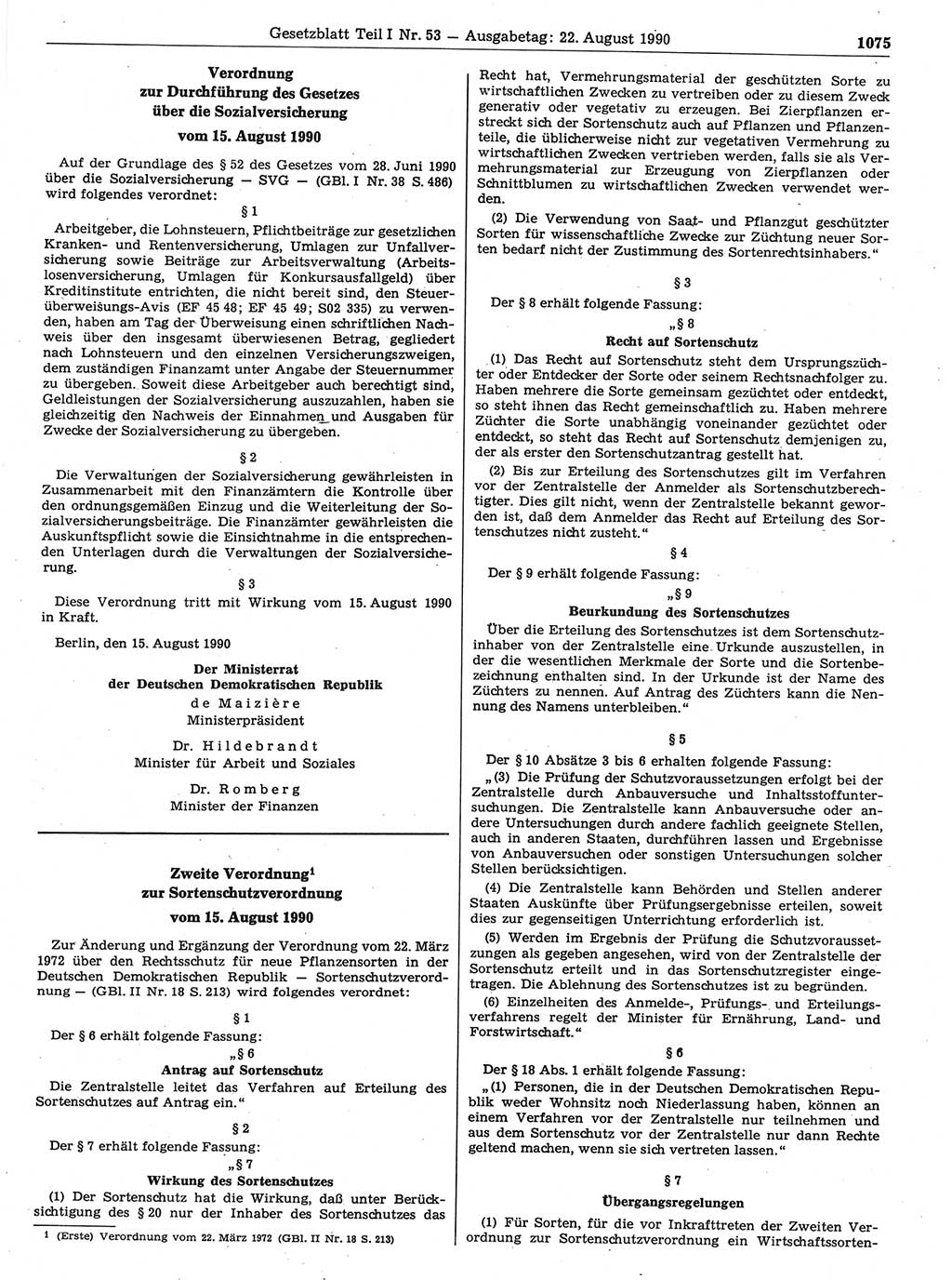 Gesetzblatt (GBl.) der Deutschen Demokratischen Republik (DDR) Teil Ⅰ 1990, Seite 1075 (GBl. DDR Ⅰ 1990, S. 1075)