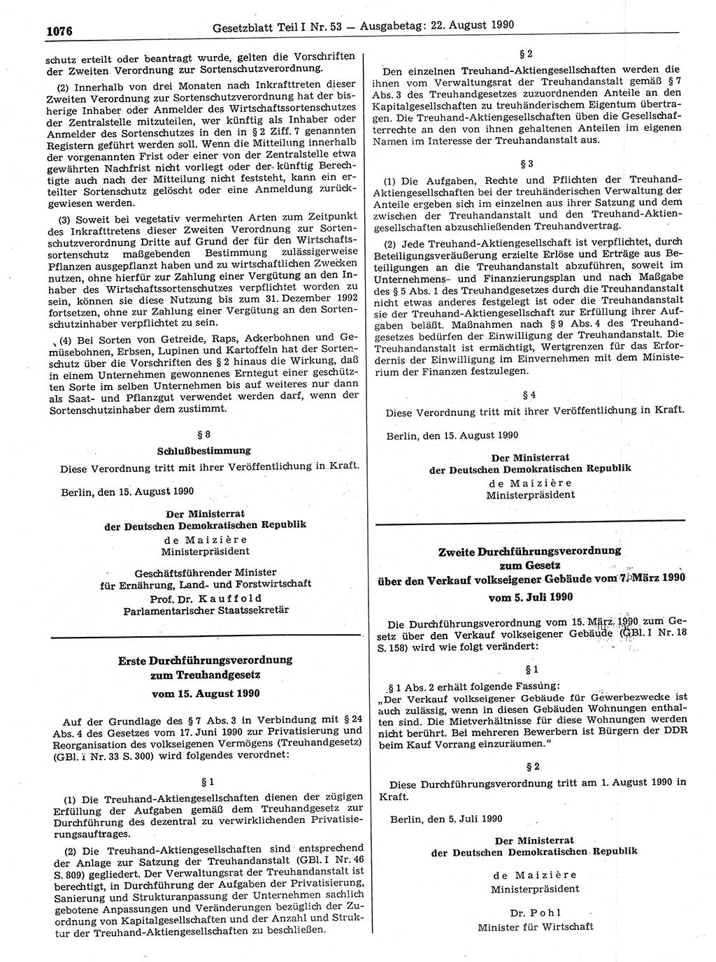 Gesetzblatt (GBl.) der Deutschen Demokratischen Republik (DDR) Teil Ⅰ 1990, Seite 1076 (GBl. DDR Ⅰ 1990, S. 1076)