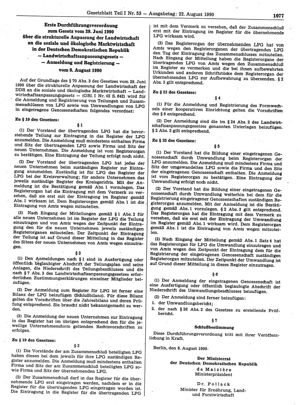 Gesetzblatt (GBl.) der Deutschen Demokratischen Republik (DDR) Teil Ⅰ 1990, Seite 1077 (GBl. DDR Ⅰ 1990, S. 1077)