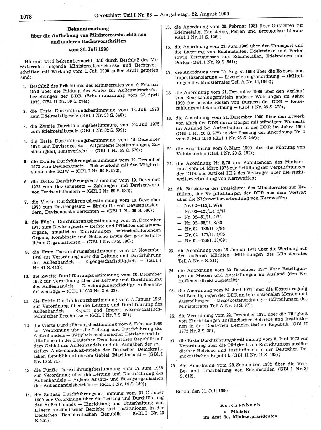 Gesetzblatt (GBl.) der Deutschen Demokratischen Republik (DDR) Teil Ⅰ 1990, Seite 1078 (GBl. DDR Ⅰ 1990, S. 1078)
