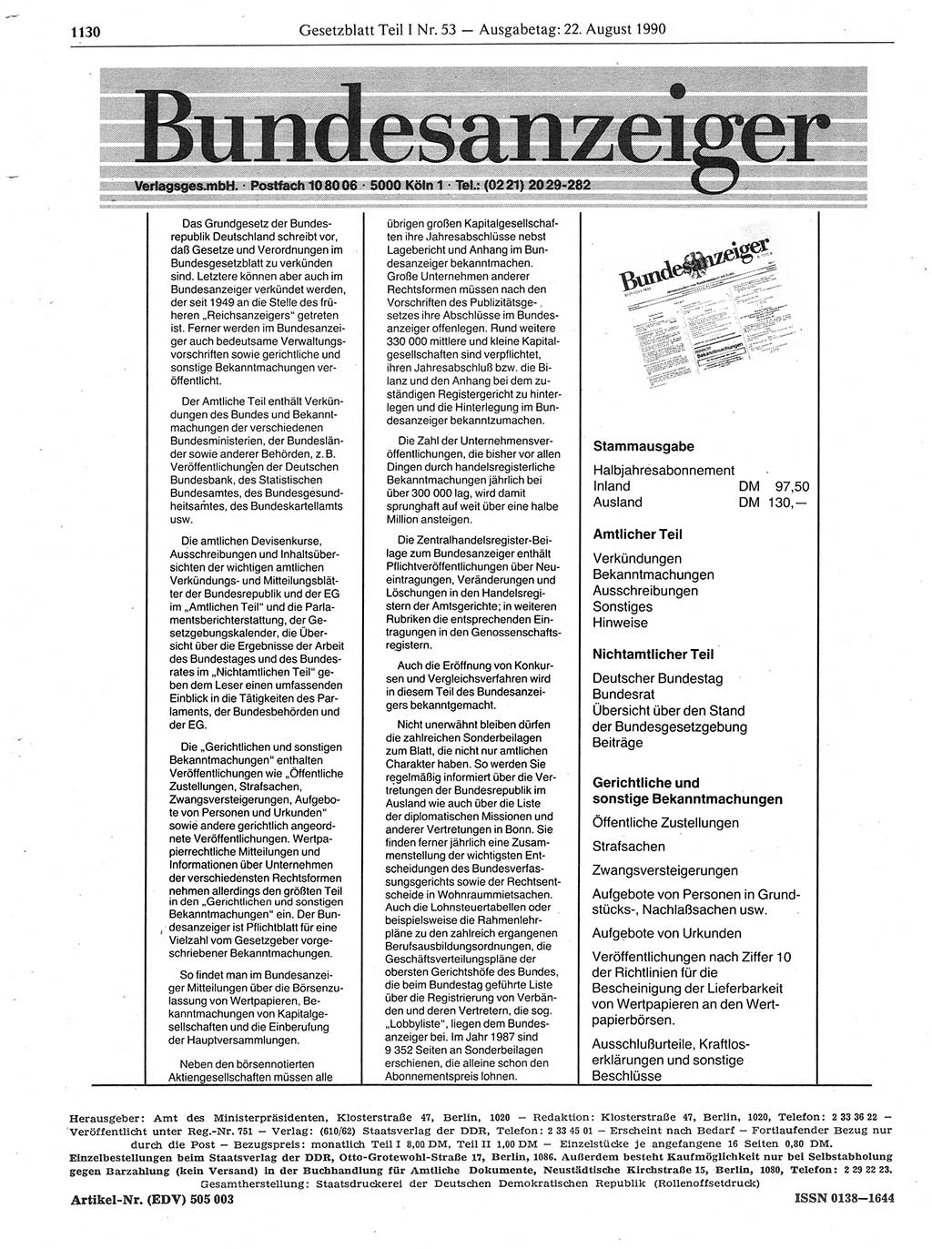 Gesetzblatt (GBl.) der Deutschen Demokratischen Republik (DDR) Teil Ⅰ 1990, Seite 1130 (GBl. DDR Ⅰ 1990, S. 1130)