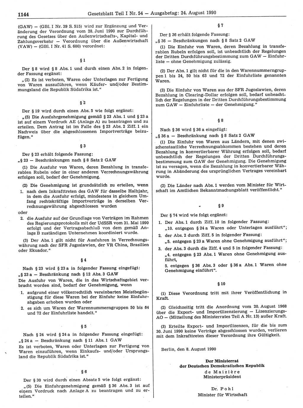 Gesetzblatt (GBl.) der Deutschen Demokratischen Republik (DDR) Teil Ⅰ 1990, Seite 1144 (GBl. DDR Ⅰ 1990, S. 1144)