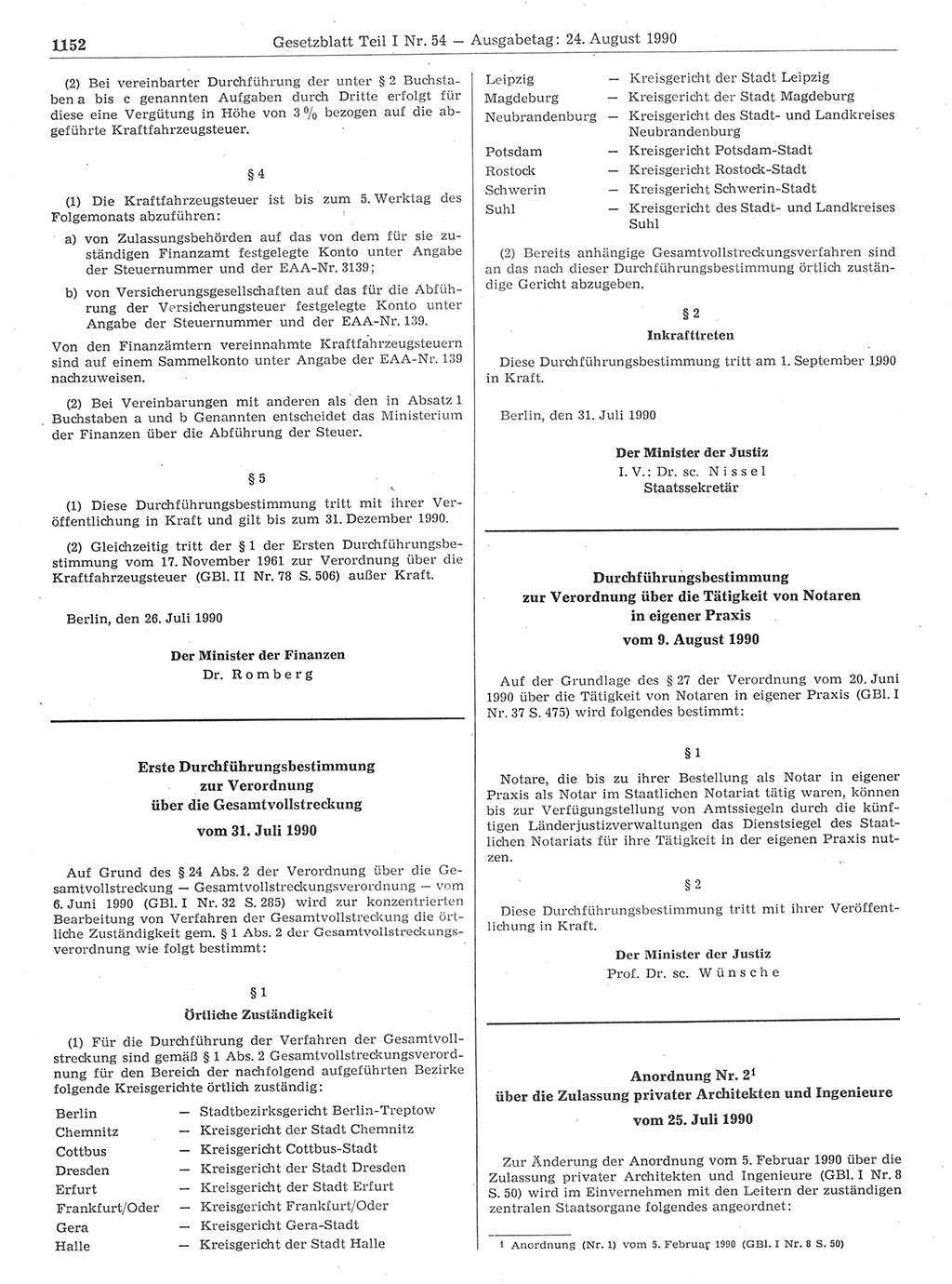 Gesetzblatt (GBl.) der Deutschen Demokratischen Republik (DDR) Teil Ⅰ 1990, Seite 1152 (GBl. DDR Ⅰ 1990, S. 1152)