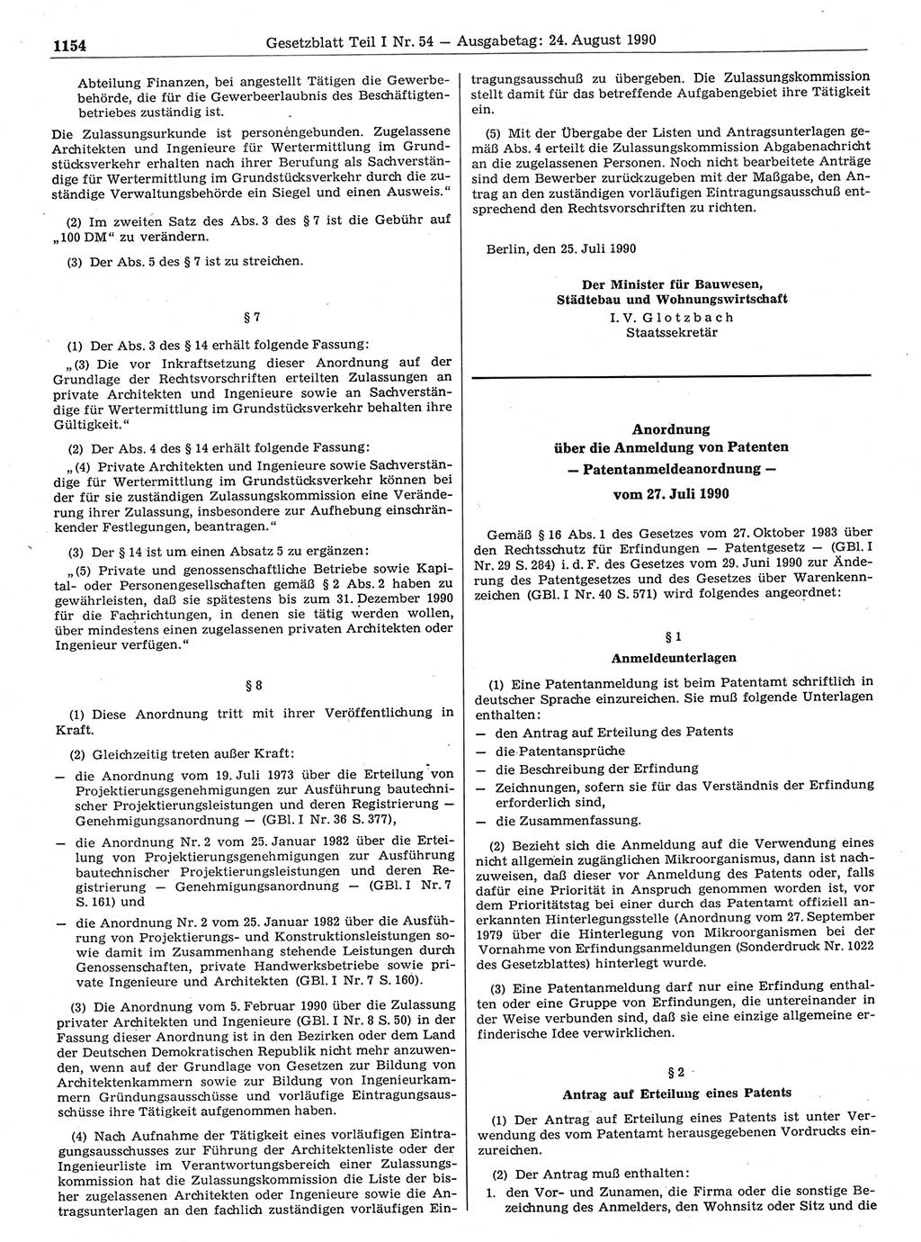 Gesetzblatt (GBl.) der Deutschen Demokratischen Republik (DDR) Teil Ⅰ 1990, Seite 1154 (GBl. DDR Ⅰ 1990, S. 1154)
