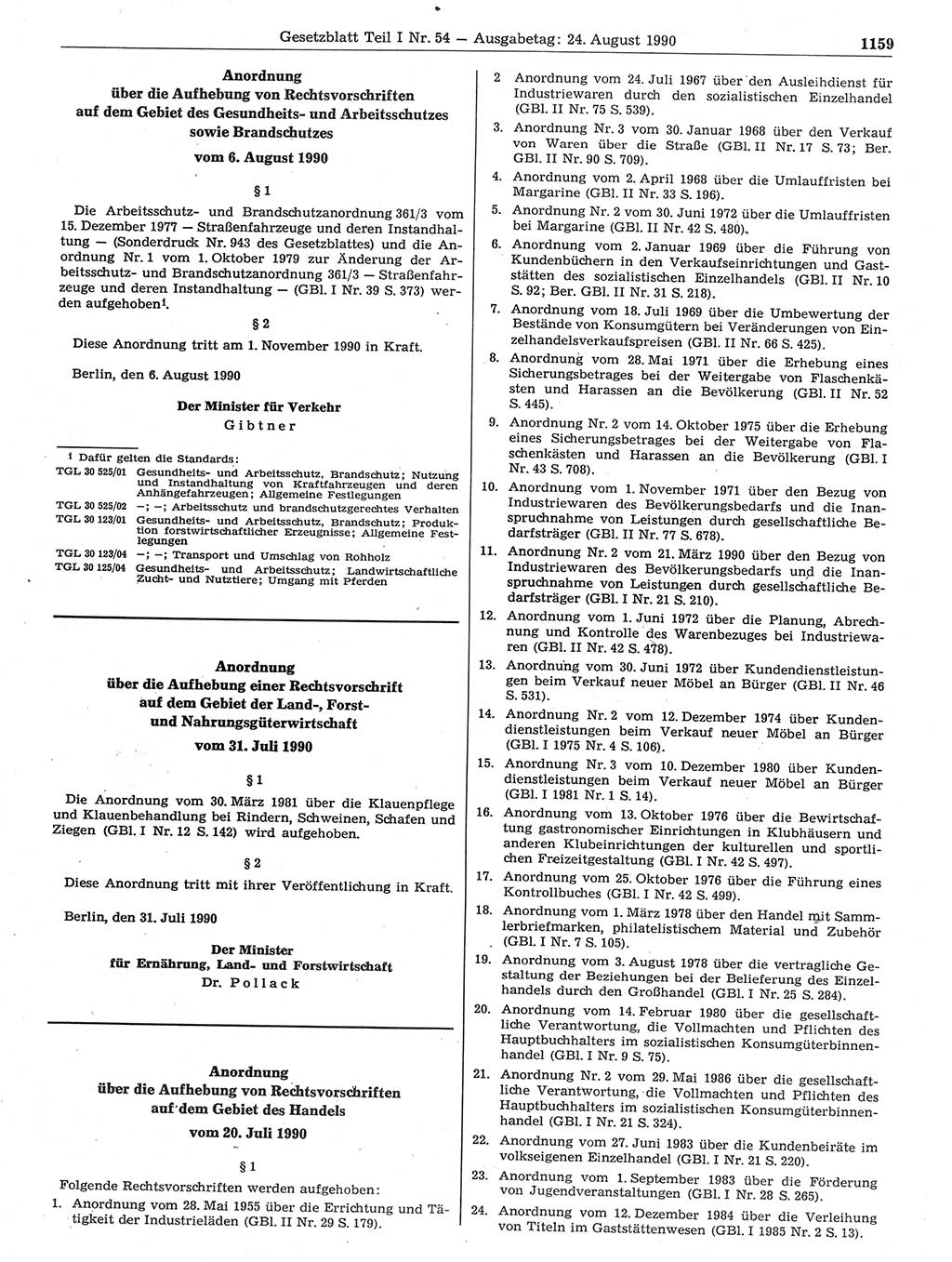 Gesetzblatt (GBl.) der Deutschen Demokratischen Republik (DDR) Teil Ⅰ 1990, Seite 1159 (GBl. DDR Ⅰ 1990, S. 1159)