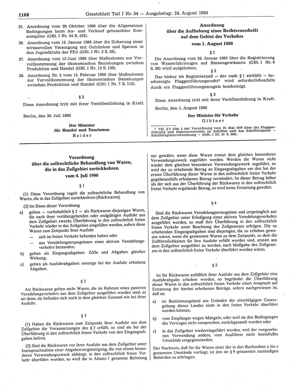 Gesetzblatt (GBl.) der Deutschen Demokratischen Republik (DDR) Teil Ⅰ 1990, Seite 1160 (GBl. DDR Ⅰ 1990, S. 1160)