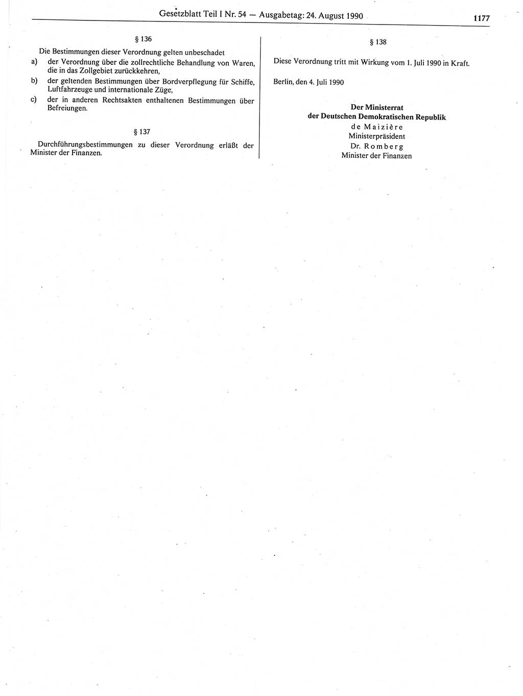 Gesetzblatt (GBl.) der Deutschen Demokratischen Republik (DDR) Teil Ⅰ 1990, Seite 1177 (GBl. DDR Ⅰ 1990, S. 1177)