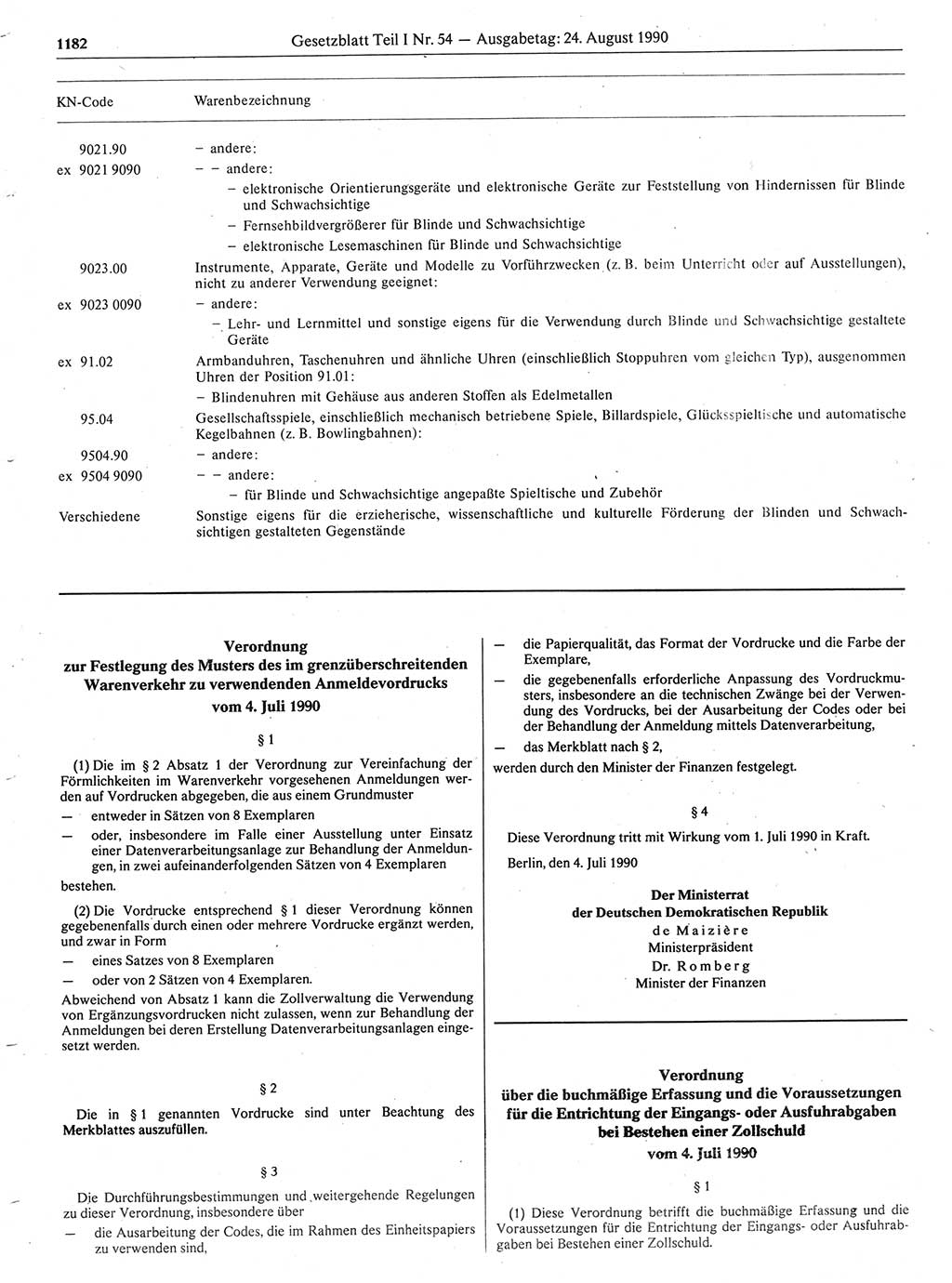 Gesetzblatt (GBl.) der Deutschen Demokratischen Republik (DDR) Teil Ⅰ 1990, Seite 1182 (GBl. DDR Ⅰ 1990, S. 1182)