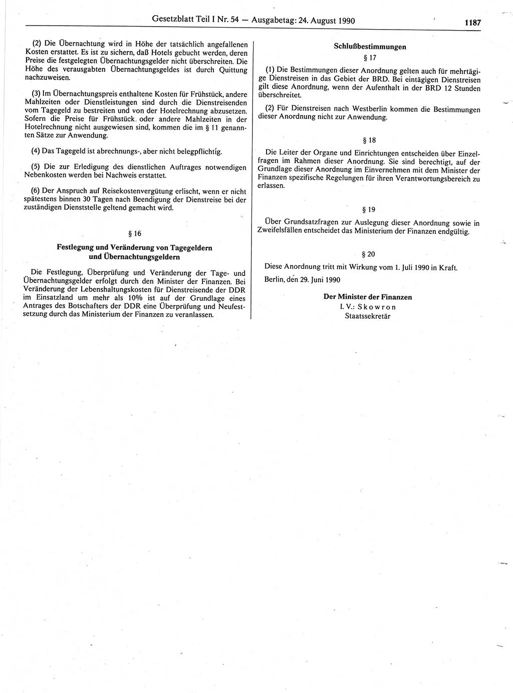 Gesetzblatt (GBl.) der Deutschen Demokratischen Republik (DDR) Teil Ⅰ 1990, Seite 1187 (GBl. DDR Ⅰ 1990, S. 1187)