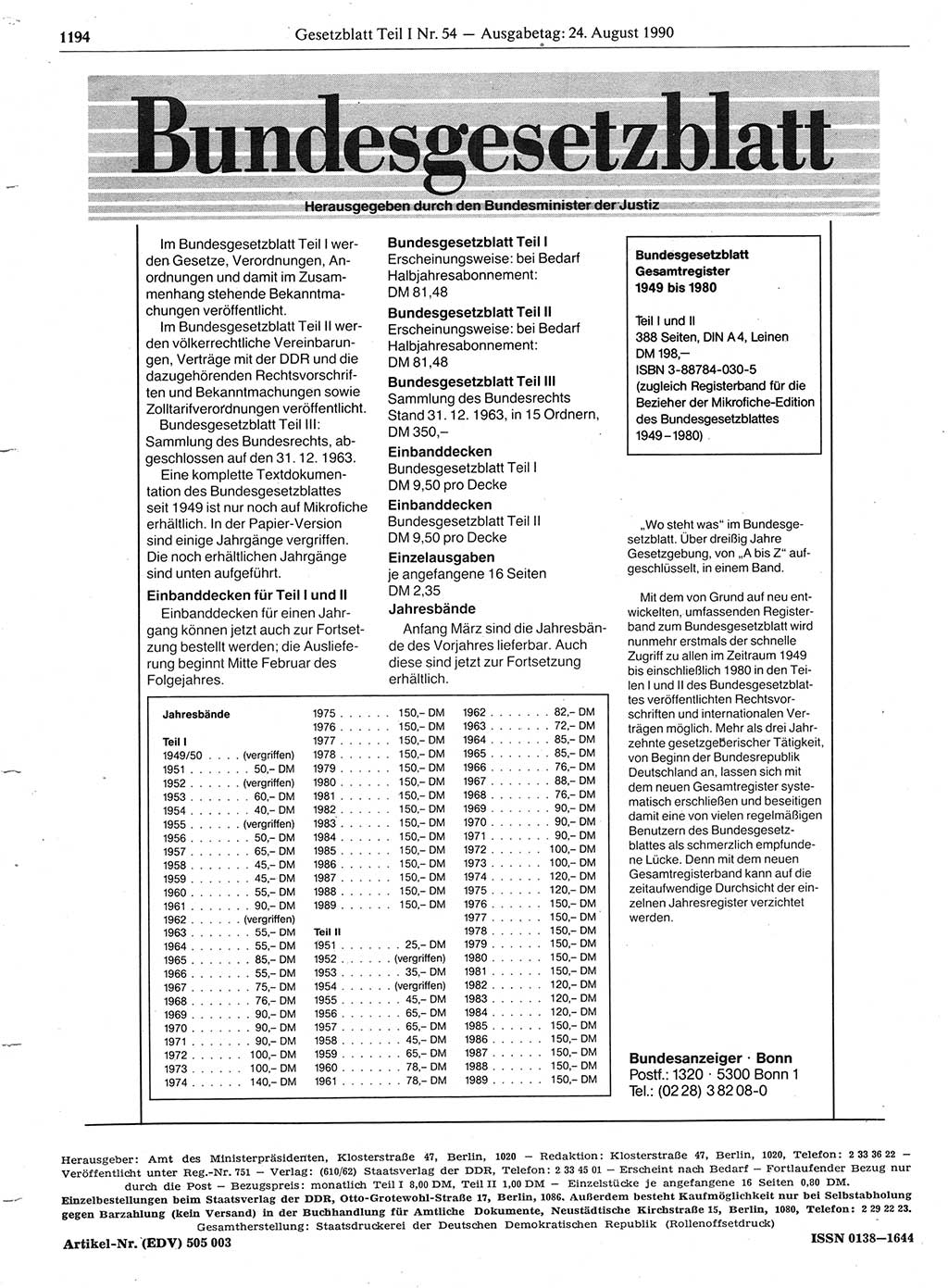 Gesetzblatt (GBl.) der Deutschen Demokratischen Republik (DDR) Teil Ⅰ 1990, Seite 1194 (GBl. DDR Ⅰ 1990, S. 1194)