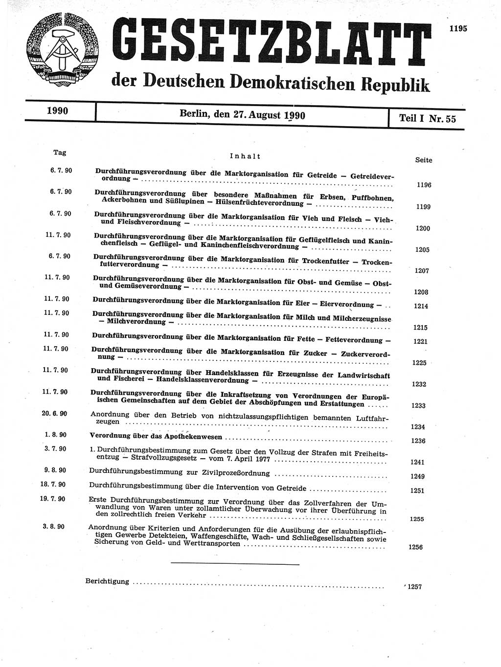 Gesetzblatt (GBl.) der Deutschen Demokratischen Republik (DDR) Teil Ⅰ 1990, Seite 1195 (GBl. DDR Ⅰ 1990, S. 1195)