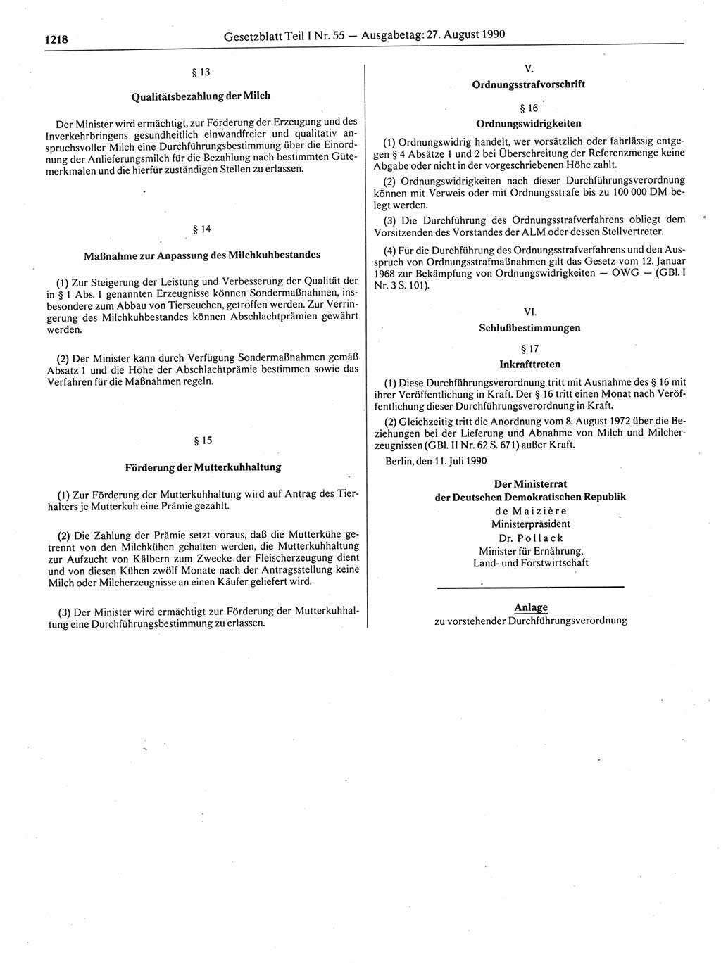 Gesetzblatt (GBl.) der Deutschen Demokratischen Republik (DDR) Teil Ⅰ 1990, Seite 1218 (GBl. DDR Ⅰ 1990, S. 1218)