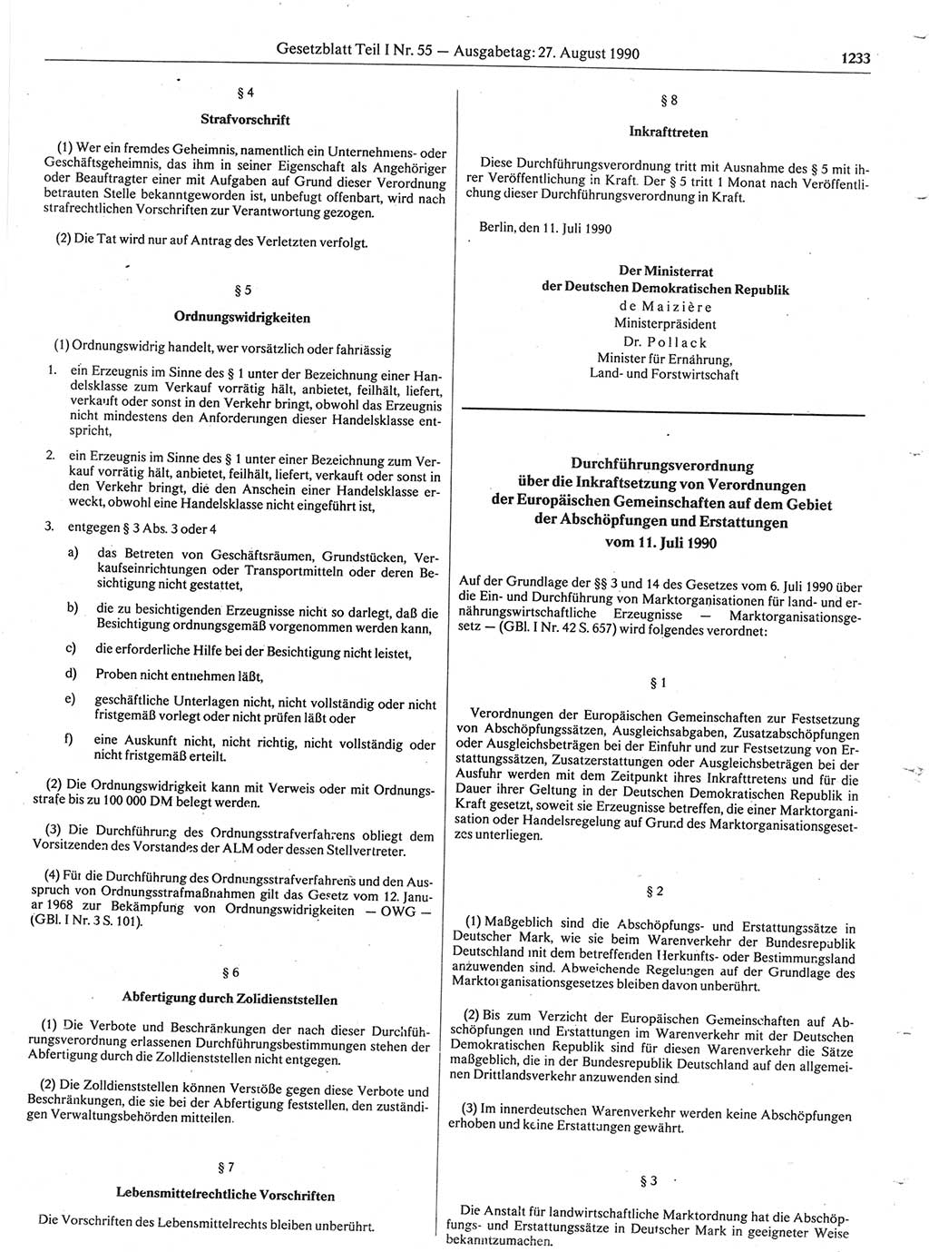 Gesetzblatt (GBl.) der Deutschen Demokratischen Republik (DDR) Teil Ⅰ 1990, Seite 1233 (GBl. DDR Ⅰ 1990, S. 1233)