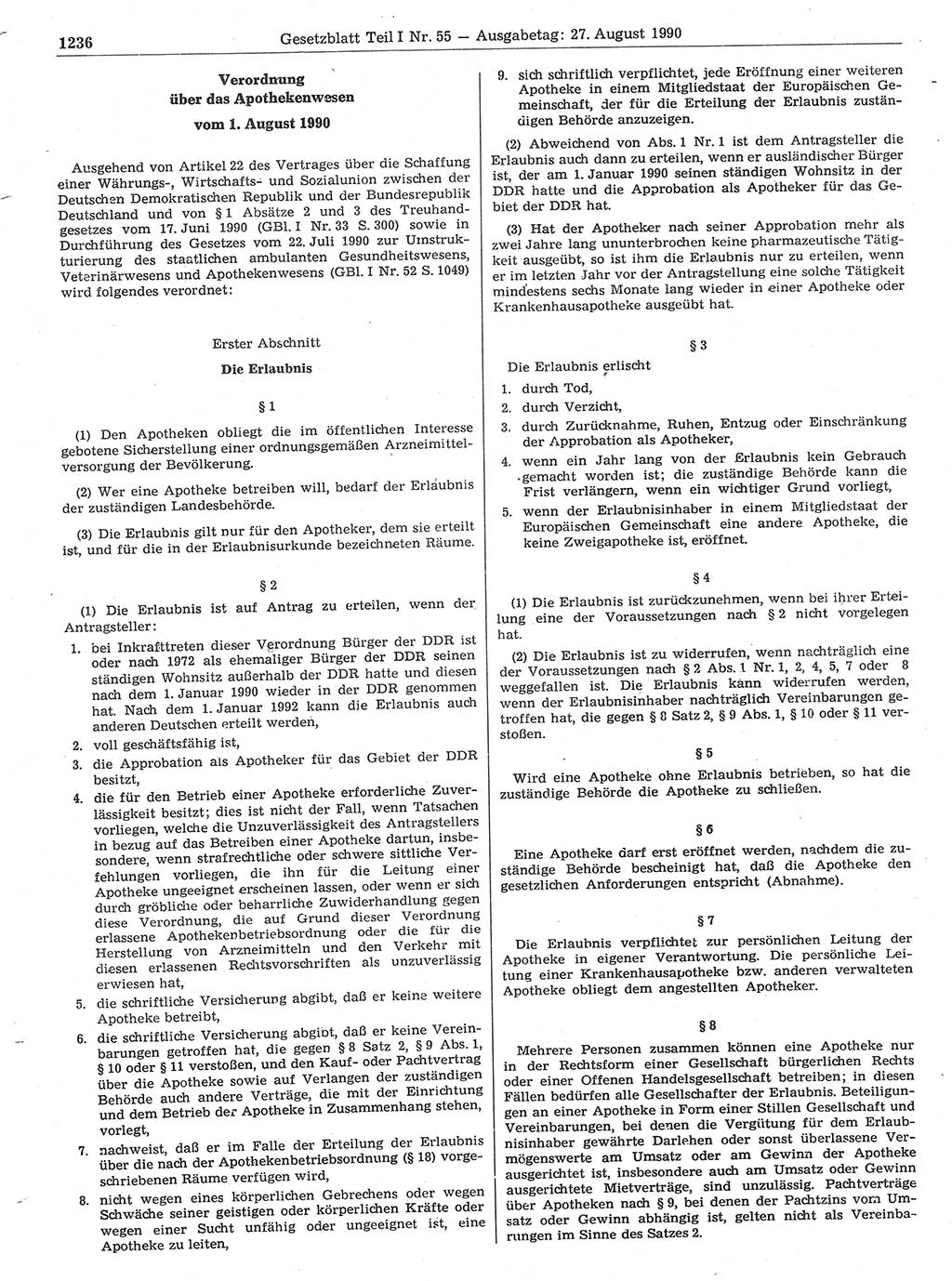 Gesetzblatt (GBl.) der Deutschen Demokratischen Republik (DDR) Teil Ⅰ 1990, Seite 1236 (GBl. DDR Ⅰ 1990, S. 1236)