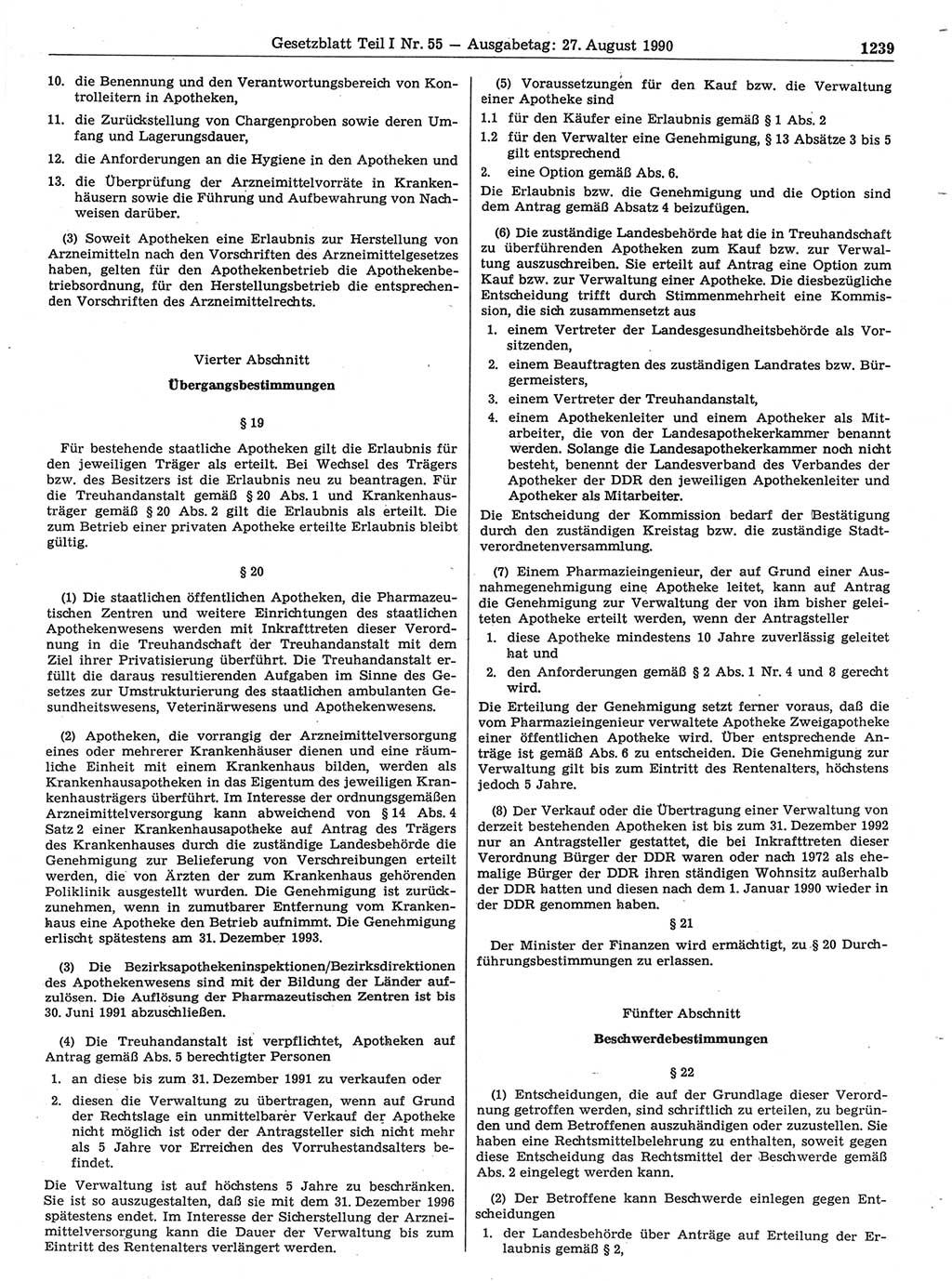 Gesetzblatt (GBl.) der Deutschen Demokratischen Republik (DDR) Teil Ⅰ 1990, Seite 1239 (GBl. DDR Ⅰ 1990, S. 1239)