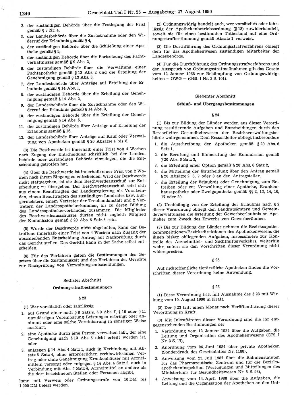 Gesetzblatt (GBl.) der Deutschen Demokratischen Republik (DDR) Teil Ⅰ 1990, Seite 1240 (GBl. DDR Ⅰ 1990, S. 1240)