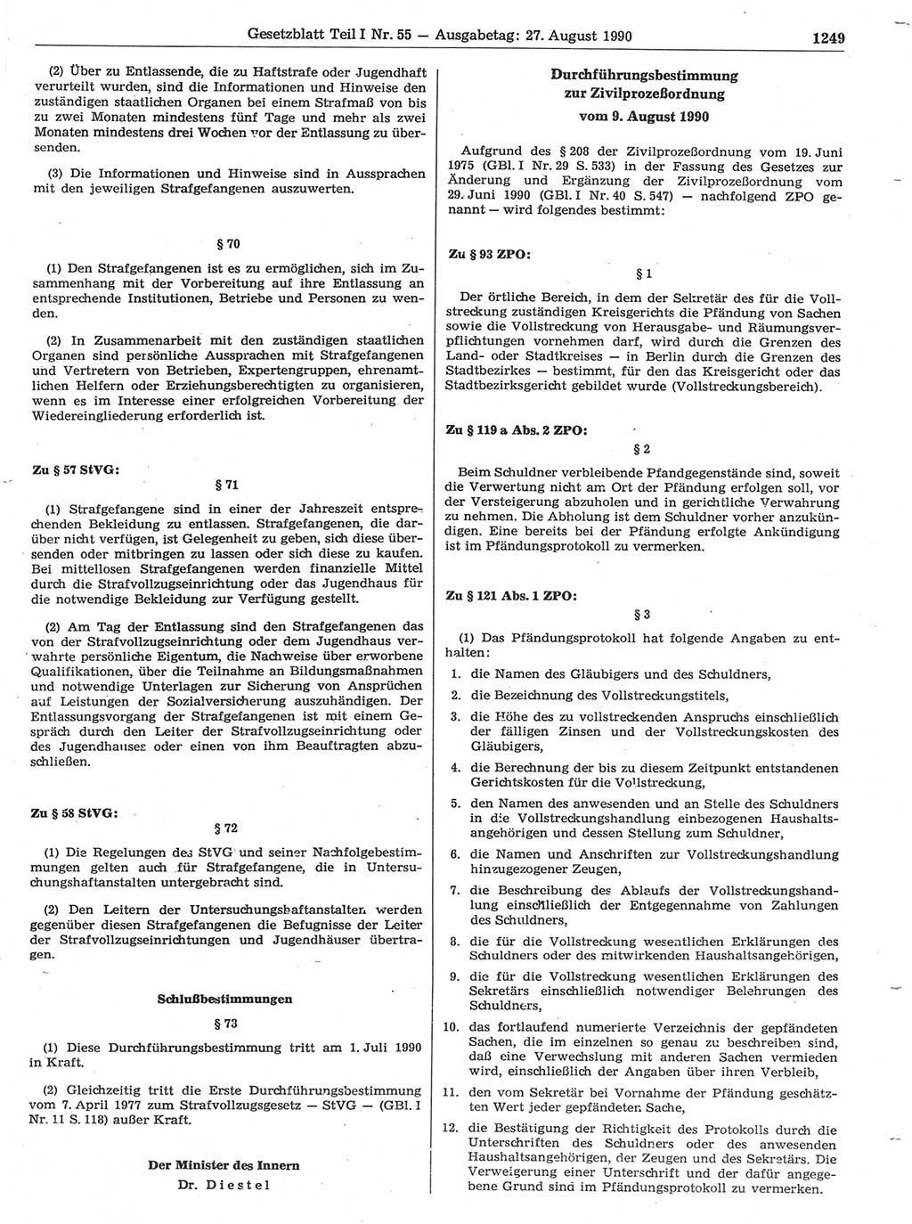 Gesetzblatt (GBl.) der Deutschen Demokratischen Republik (DDR) Teil Ⅰ 1990, Seite 1249 (GBl. DDR Ⅰ 1990, S. 1249)