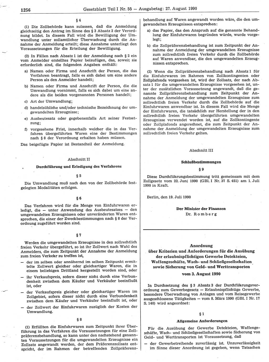 Gesetzblatt (GBl.) der Deutschen Demokratischen Republik (DDR) Teil Ⅰ 1990, Seite 1256 (GBl. DDR Ⅰ 1990, S. 1256)