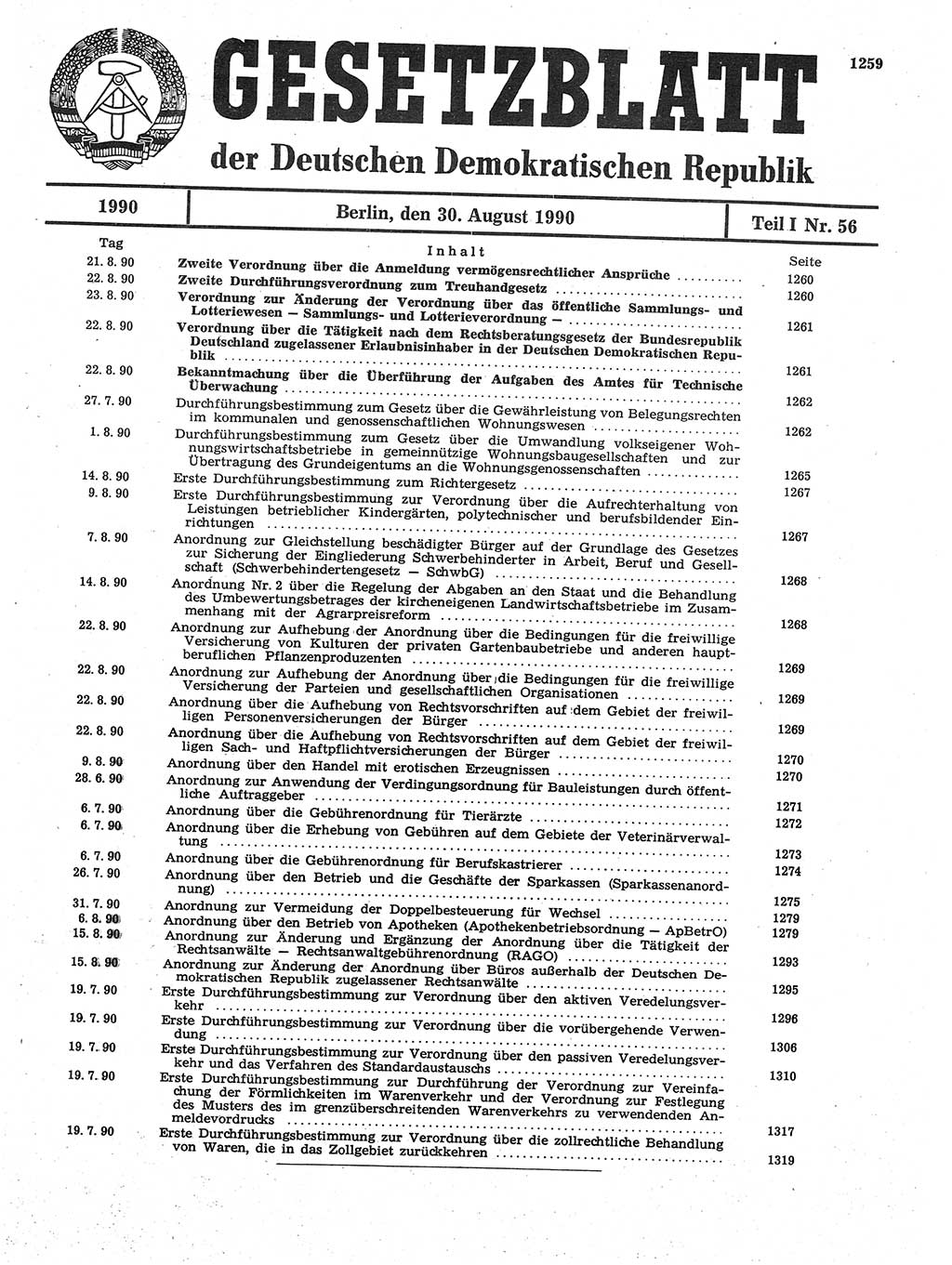 Gesetzblatt (GBl.) der Deutschen Demokratischen Republik (DDR) Teil Ⅰ 1990, Seite 1259 (GBl. DDR Ⅰ 1990, S. 1259)