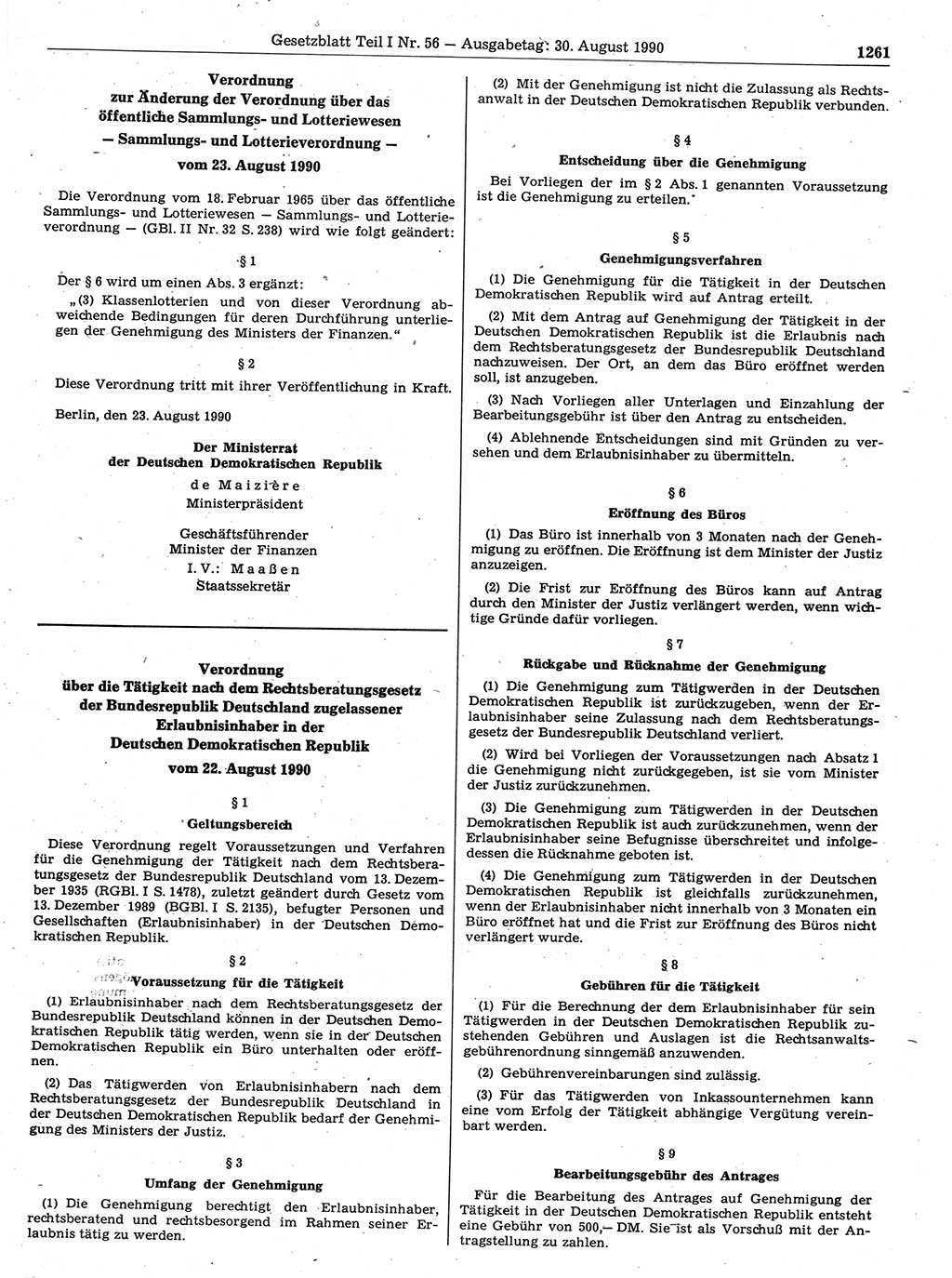 Gesetzblatt (GBl.) der Deutschen Demokratischen Republik (DDR) Teil Ⅰ 1990, Seite 1261 (GBl. DDR Ⅰ 1990, S. 1261)