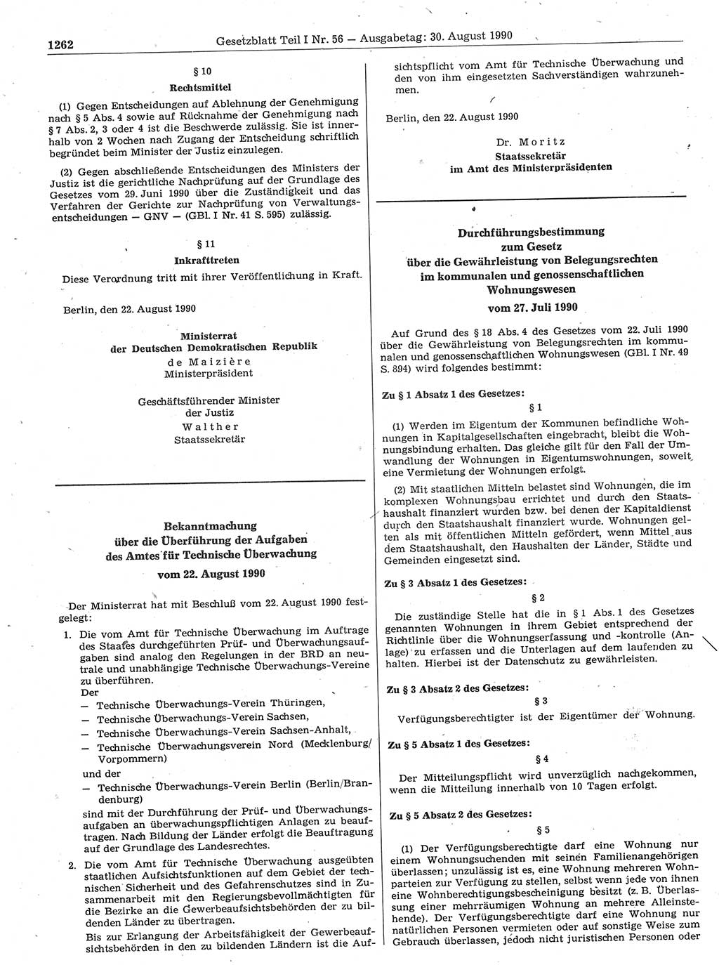 Gesetzblatt (GBl.) der Deutschen Demokratischen Republik (DDR) Teil Ⅰ 1990, Seite 1262 (GBl. DDR Ⅰ 1990, S. 1262)