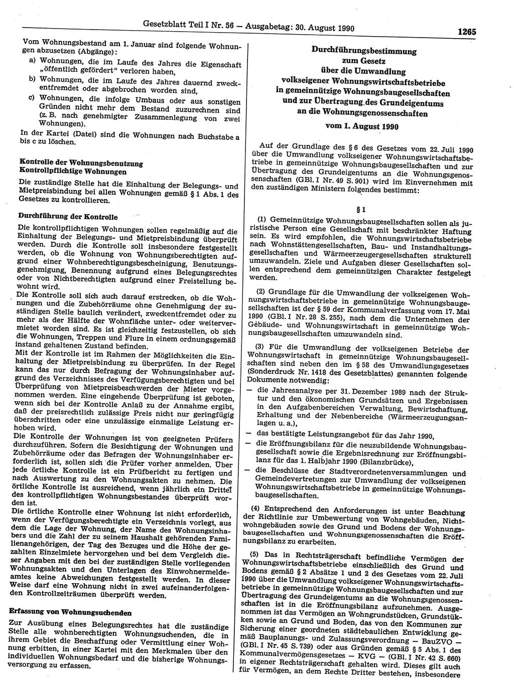 Gesetzblatt (GBl.) der Deutschen Demokratischen Republik (DDR) Teil Ⅰ 1990, Seite 1265 (GBl. DDR Ⅰ 1990, S. 1265)