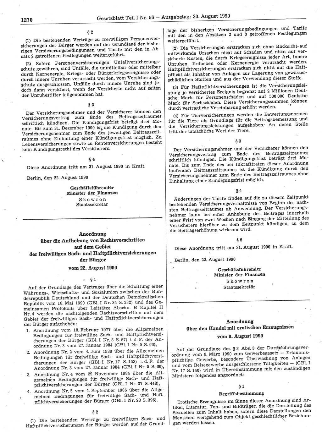 Gesetzblatt (GBl.) der Deutschen Demokratischen Republik (DDR) Teil Ⅰ 1990, Seite 1270 (GBl. DDR Ⅰ 1990, S. 1270)